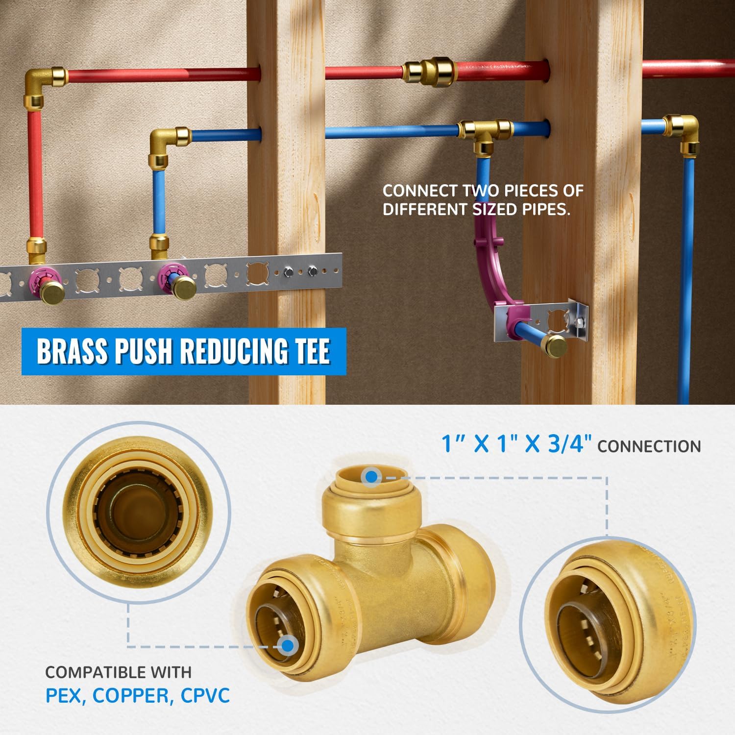 SUNGATOR 1 Inch x 1 Inch x 3/4 Inch Reducing Tee, Pushfit Tee Reducer, No Lead Brass Push-to-Connect Plumbing Fitting to Work with PEX Pipe, Copper, CPVC, With 2 Disconnect Clips, Pack of 2