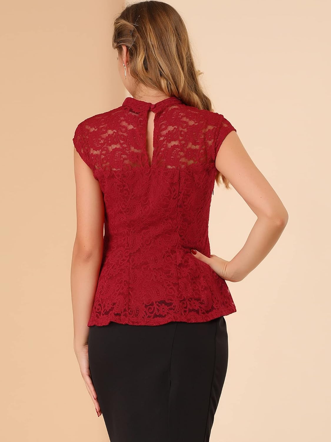 Allegra K Women's Crochet Peplum Floral Crochet Mock Neck Tops Cap Sleeve Lace Blouse - Image 5