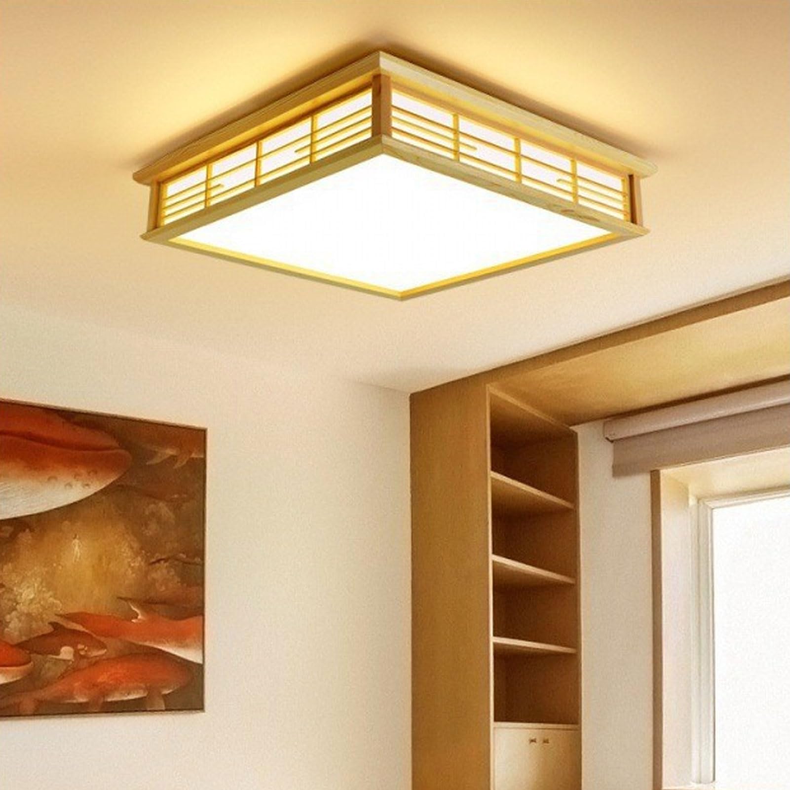 RIZGHWOY Regulowana Temperatura Barwowa Drewniana Sufitowa LED Elegancka do Montażu Podtynkowego z Pilotem do Jadalni, Restauracji LED