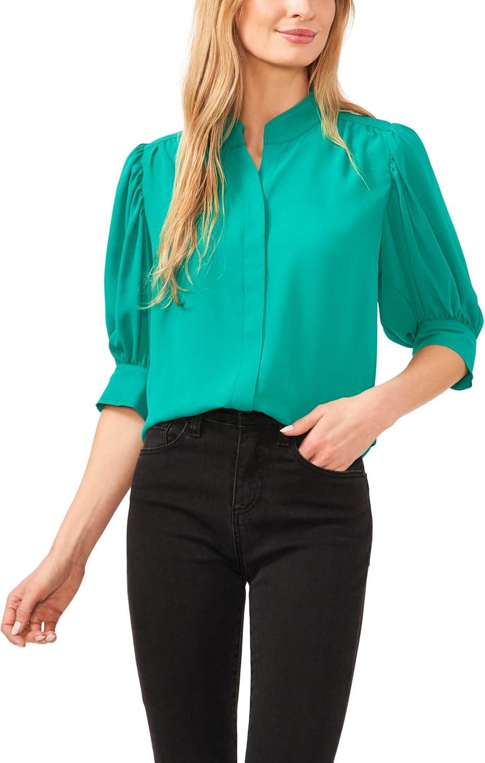 CeCe Women's Elbow Sleeve Open Collar Hidden Placket Top