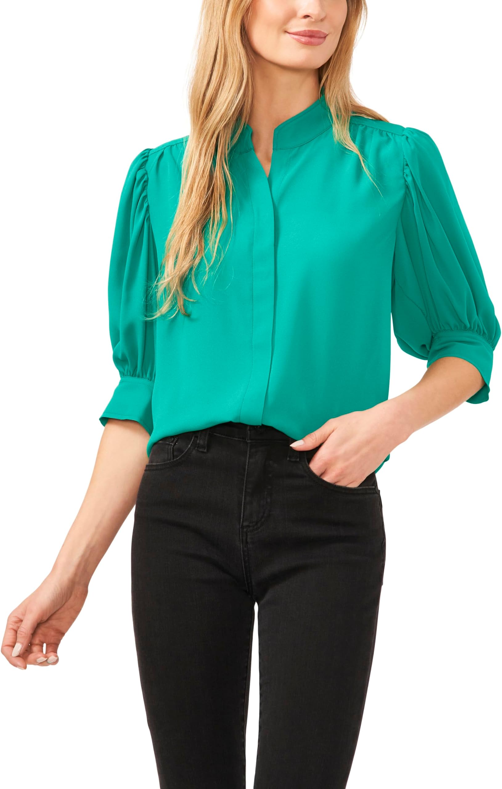 - Women's Elbow Sleeve Open Collar Hidden Placket Top