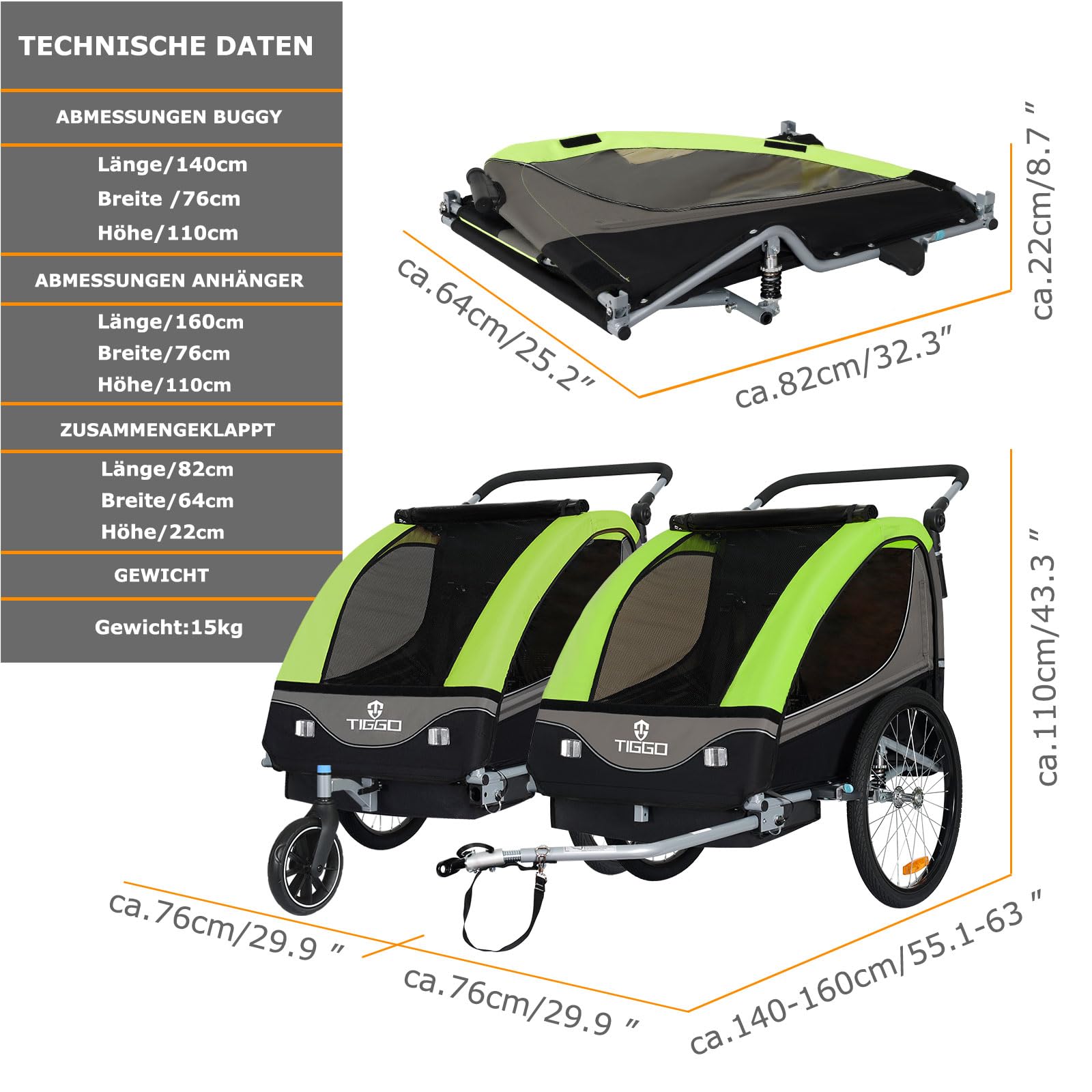 Tiggo S2 Rimorchio bambini 2 in 1 sospensione Jogger passeggino bicicletta girevole 360°