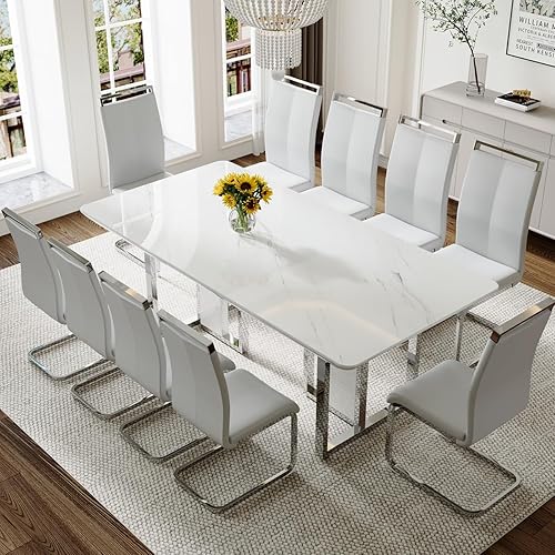 Miniatura 17 de Juego de mesa de comedor MEMUY para 8, 79" Juego de mesa de comedor de mármol falso para 8 con superficie brillante blanca, juego moderno de mesa de