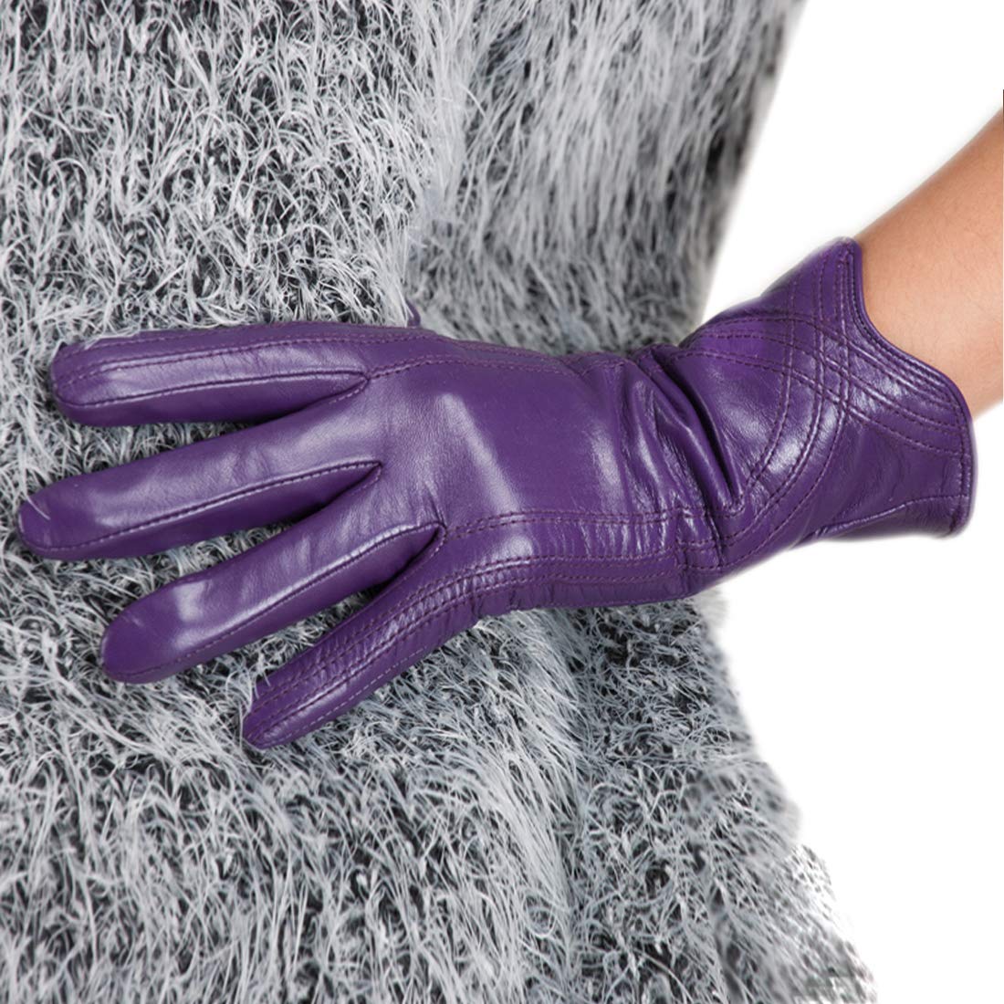 Guantes de cuero para mujer, piel de cordero italiana, guantes de cachemira cálidos para invierno