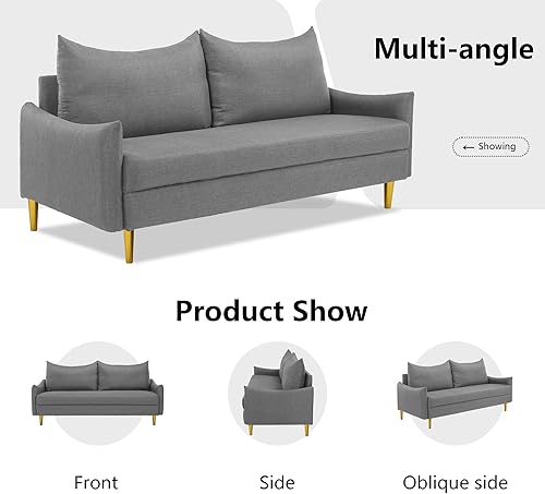 Miniatura 59 de Sofá biplaza de lino moderno de 67 pulgadas, sofá biplaza tapizado de mediados de siglo con 2 almohadas y 4 patas doradas, sofás de 2 plazas para