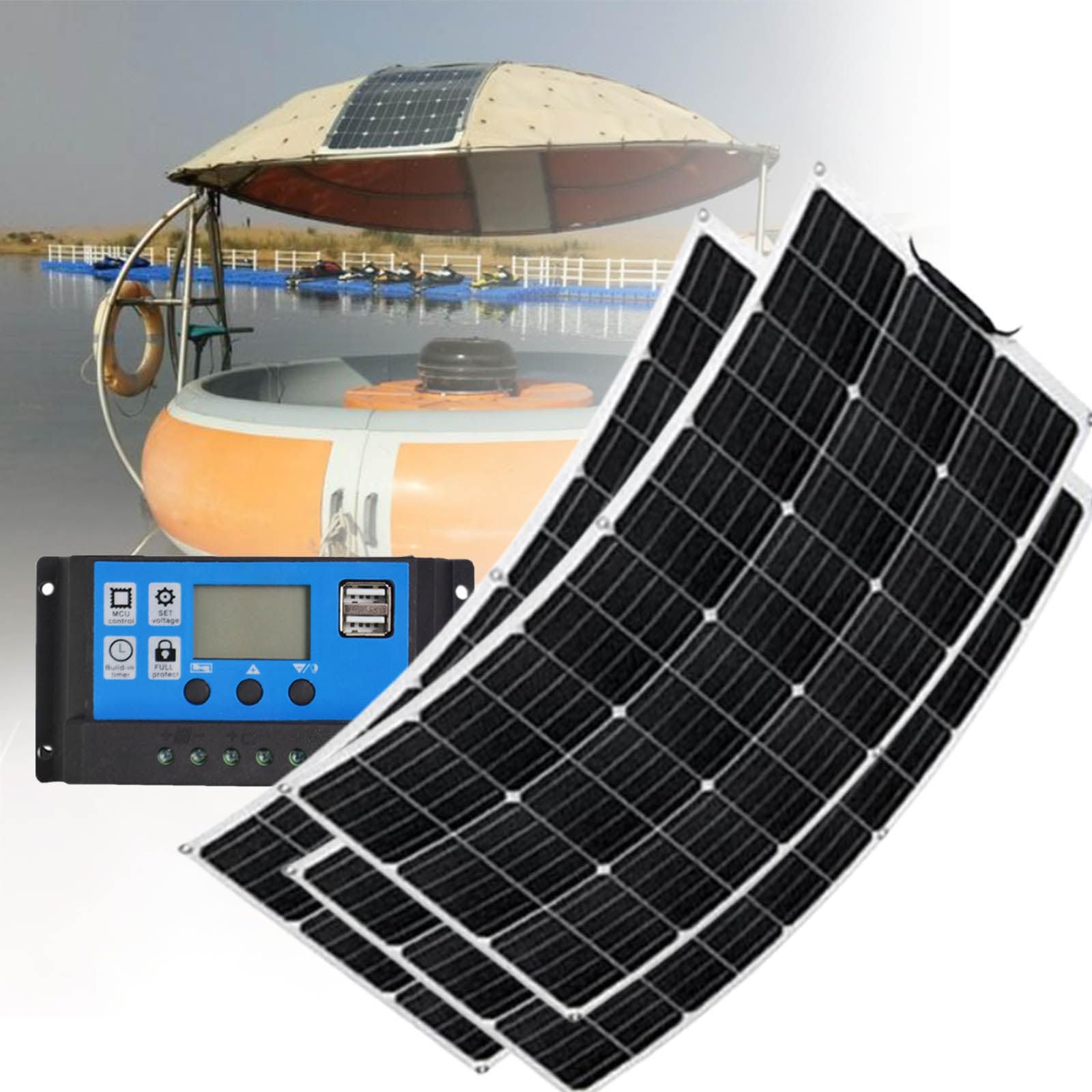 Kit de panel solar de 450 W, panel solar monocristalino flexible con controlador de carga de 40 A, para cargar baterías de 12 V, baterías de automóviles, autocaravanas, yates y barcos