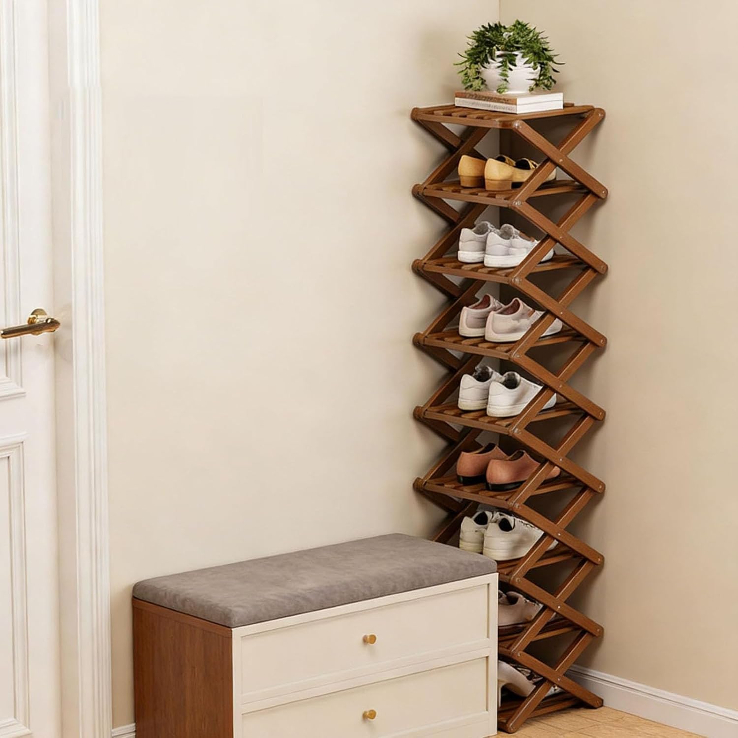 The 9-Tier No-Assembly Bamboo Rack, Foldable Vertical Organizer, Vertical Shoe Organizer for Small Spaces, for Entryway, Closet, Bedroom, Small Spaces (Nature, 9 Layers)