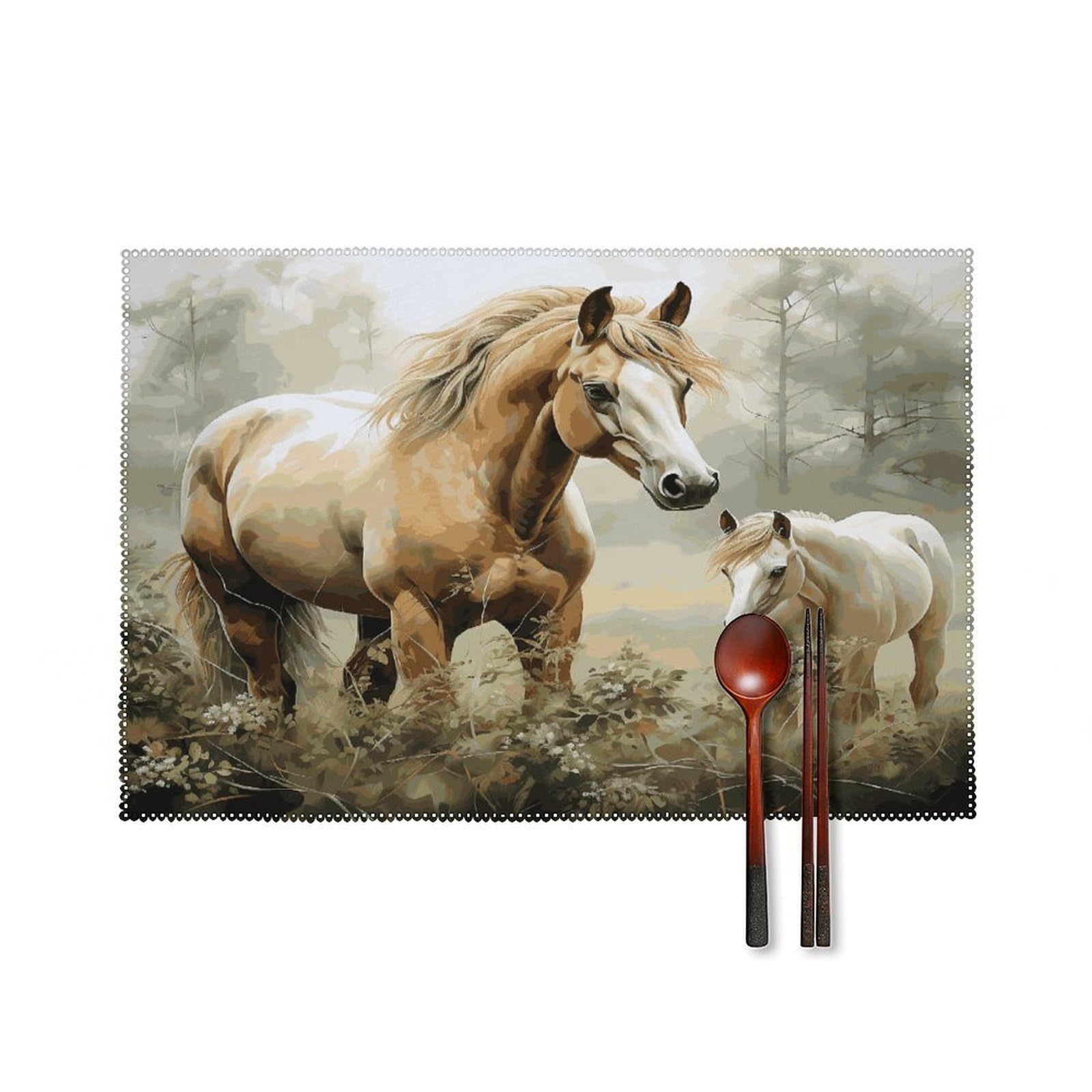 Animals Embroidery Paintings Horses Placemats Set of 4 Heat Resistant Non-Slip Place Mats for Dining Table Washable Placemat Wipeable Dining Table Mat Canvas Place Mats Dining Table Decor