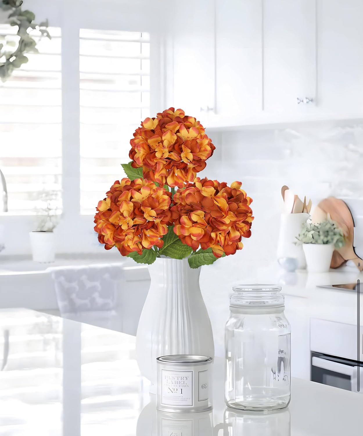 Hollyone 3Pcs Orange Hydrangea Artificial Flowers 28.7" Real Touch Large Faux Silk Hydrangeas Flowers with Stems Fake Flower for Home Wedding Floral Arrangement Centerpiece Table Vase Fall Decor