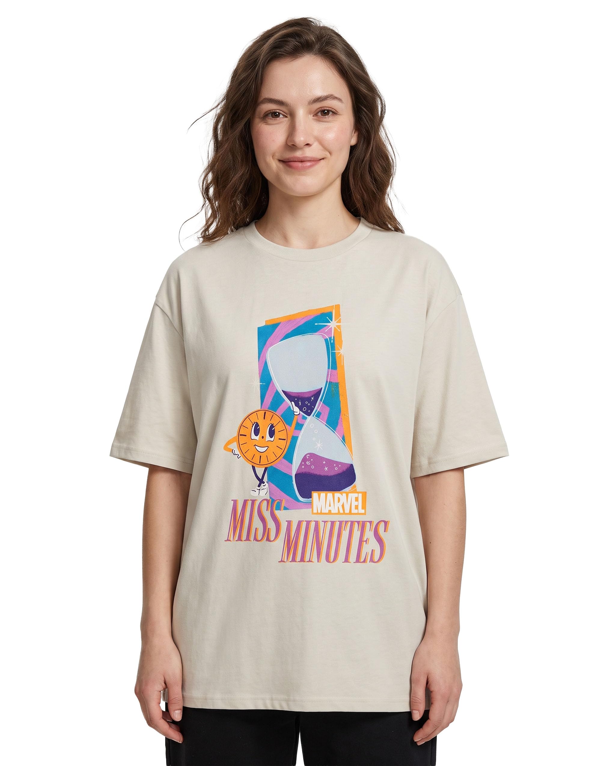 Marvel Miss Minutes Light Beige Graphic Tee | Women's Crew Neck Short Sleeve T-Shirt | Classic Casual Wear for Everyday | Television Series Character Apparel