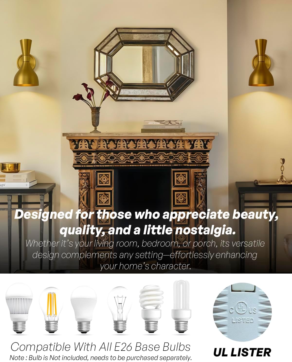 Modern Brass Gold Wall Sconce Living Room Lights with Funnel Metal Shade Indoor Hardwire Wall Lamps Mounted for Bathroom Mirror Kitchen Over Sink E26