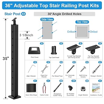 36 Deck Stair Railing Post Kits Include 6'6'' Cable Railing Handrail w/Connector, 3Pack Stair Posts, 4Pack Level Posts, 500FT Stainless Steel Wire Rope, Black Swageless Cable Railing Kit