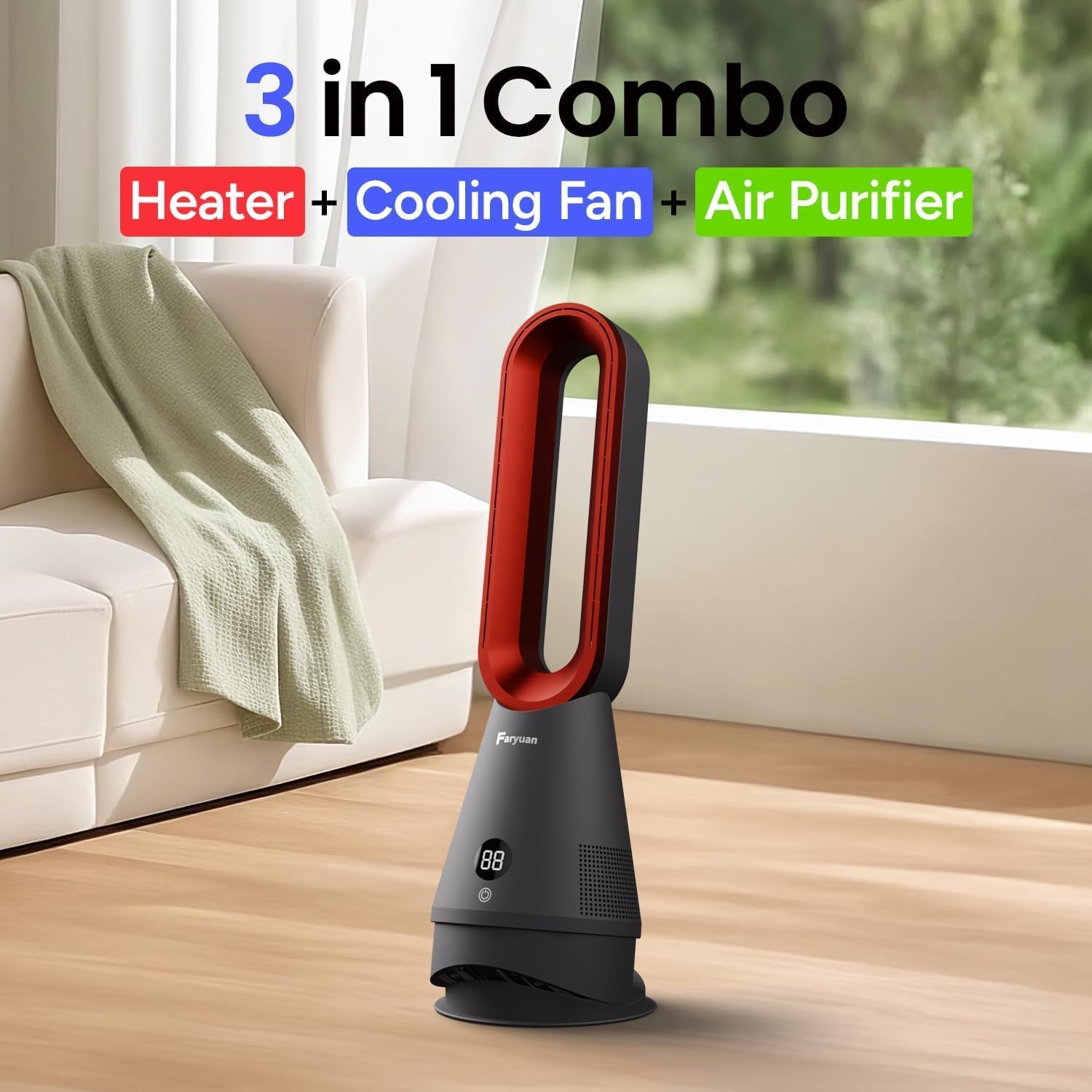 Faryuan Bladeless Fan 3-in-1 Combo: Heater, Cooling Fan, Air Purifier