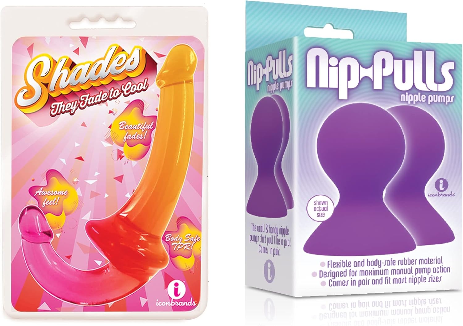 Sexy, Kinky Gift Set Bundle of Shades Jelly TPR Gradient Strapless Strap On - Pink/Yellow and Icon Brands Silicone Nip-Pulls, Violet