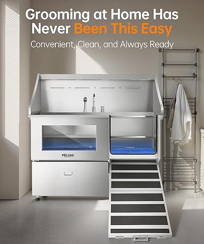 Miniatura 7 de POLIMO Estación de lavado de perros, estación de baño profesional LED de acero inoxidable de 61 pulgadas, bañera de aseo para perros grandes,