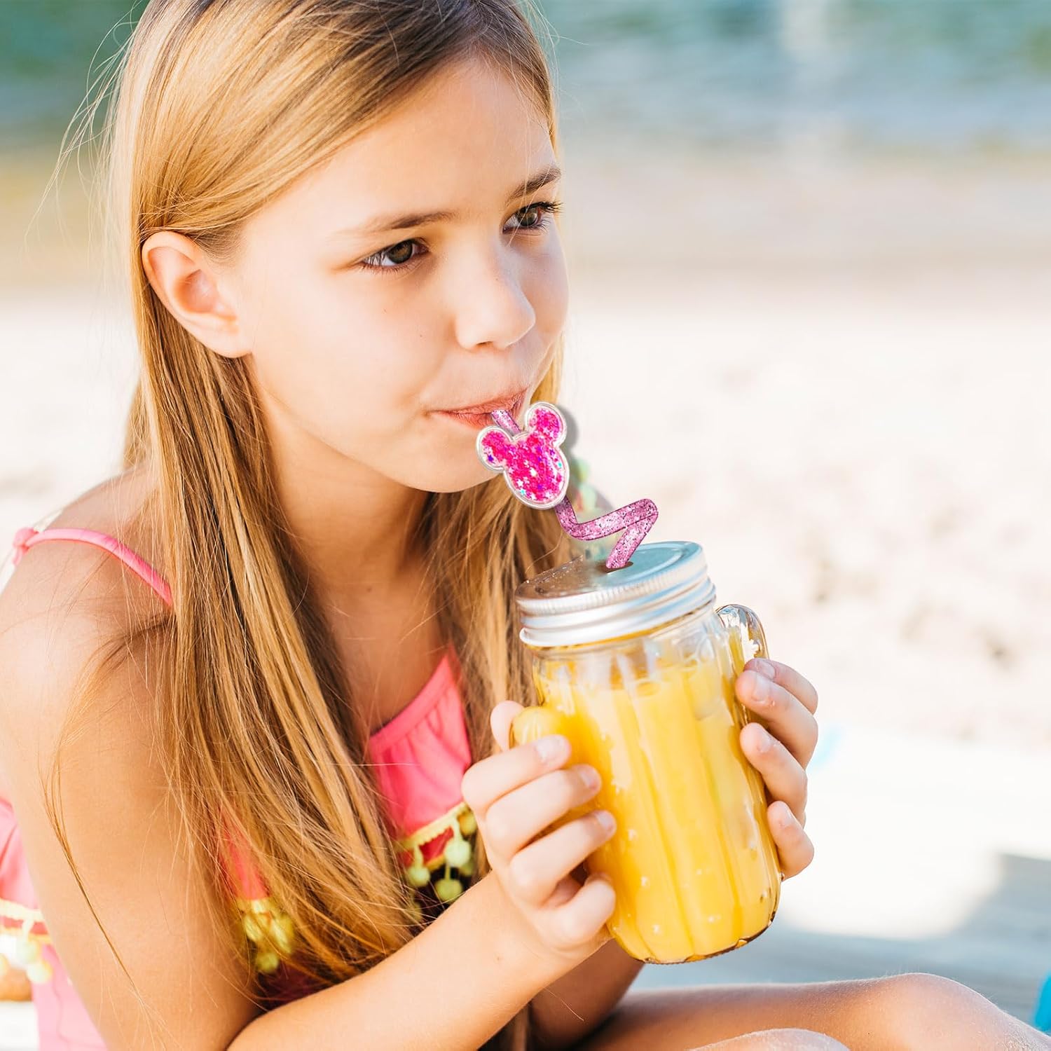 Mouse Party Favors 24Pcs Glitter Mouse Ear Straws Glitter Drinking Straws Goodie Gifts for Birthday Party Supplies Decorations with 2 Clean Brushes - Image 2