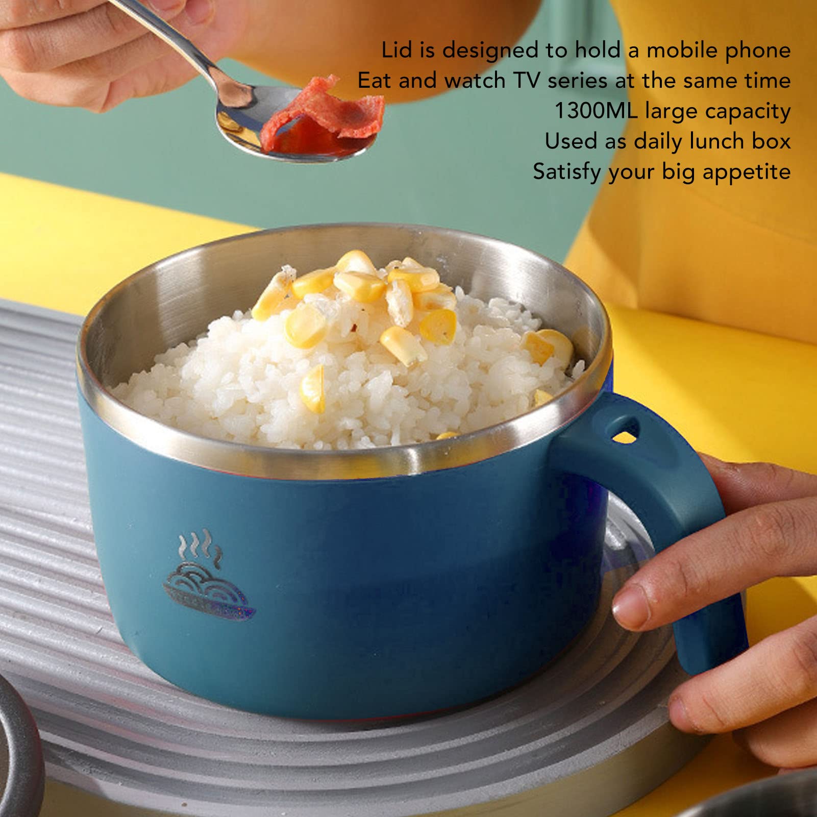 Bol à Nouilles Instantanées Isotherme 1300ml Acier Inox - Double Couche Anti-brûlure - Porte Téléphone Intégré - Bleu