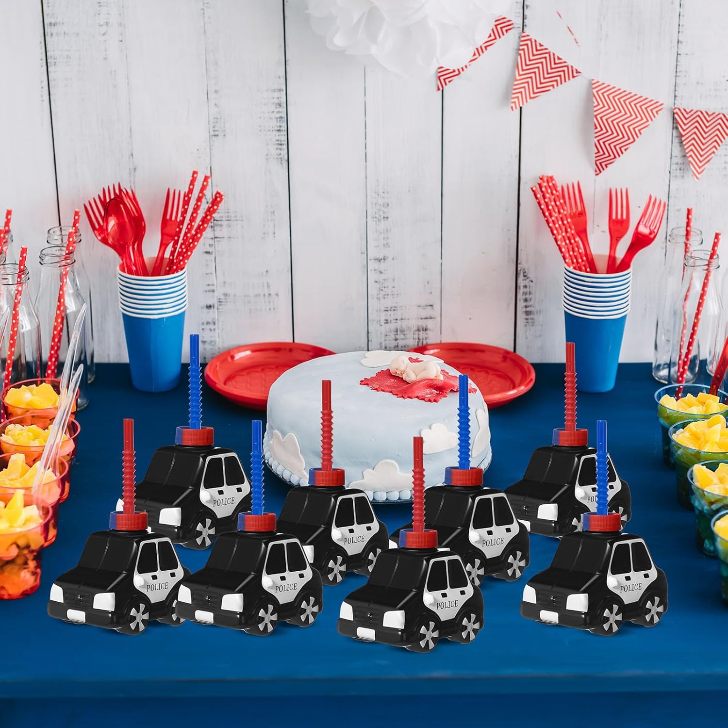 Tanlade 24 Set Police Car Cups with Straws, Police Birthday Party Decoration for Kids,10oz Plastic Transportation Shape Cup Reusable Traffic Vehicle Birthday Party Favor for Car
