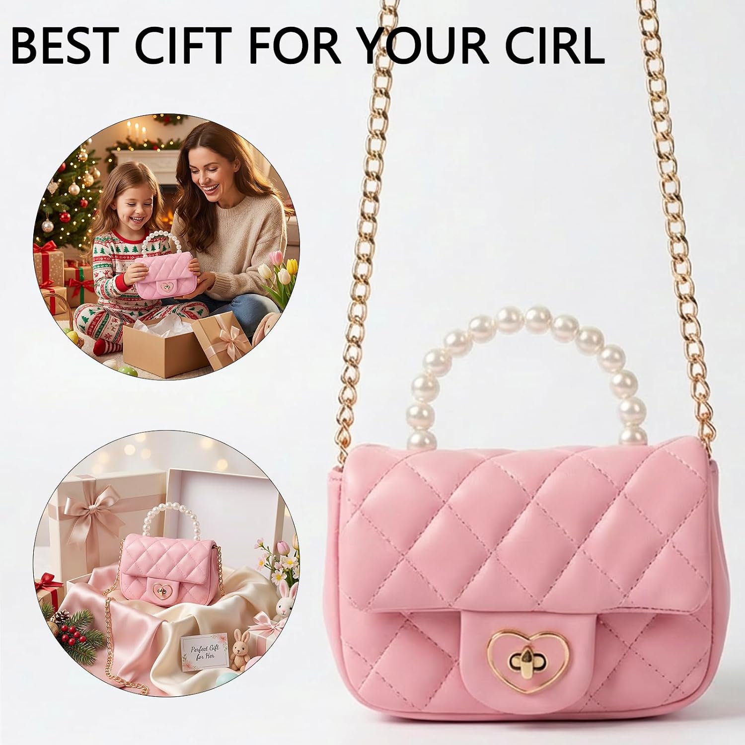 Handbag for Girl Kids Purse Princess Pearl Handle Crossbody Bag Girls Shoulder Bag with Heart Lock Fits Phone | Heart Lock