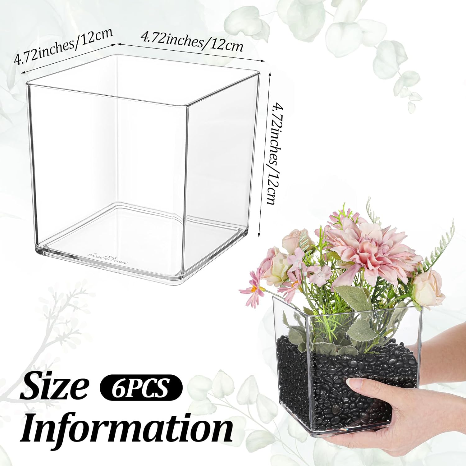 6Pcs Clear Nursery Pots, Clear Square Vase, Plastic Cubes Flower Pot, Acrylic Decorative Vase, Potted Square Container for House Plants, Cactus, Flowers, Orchid, Floral Decor (4.72 inch)