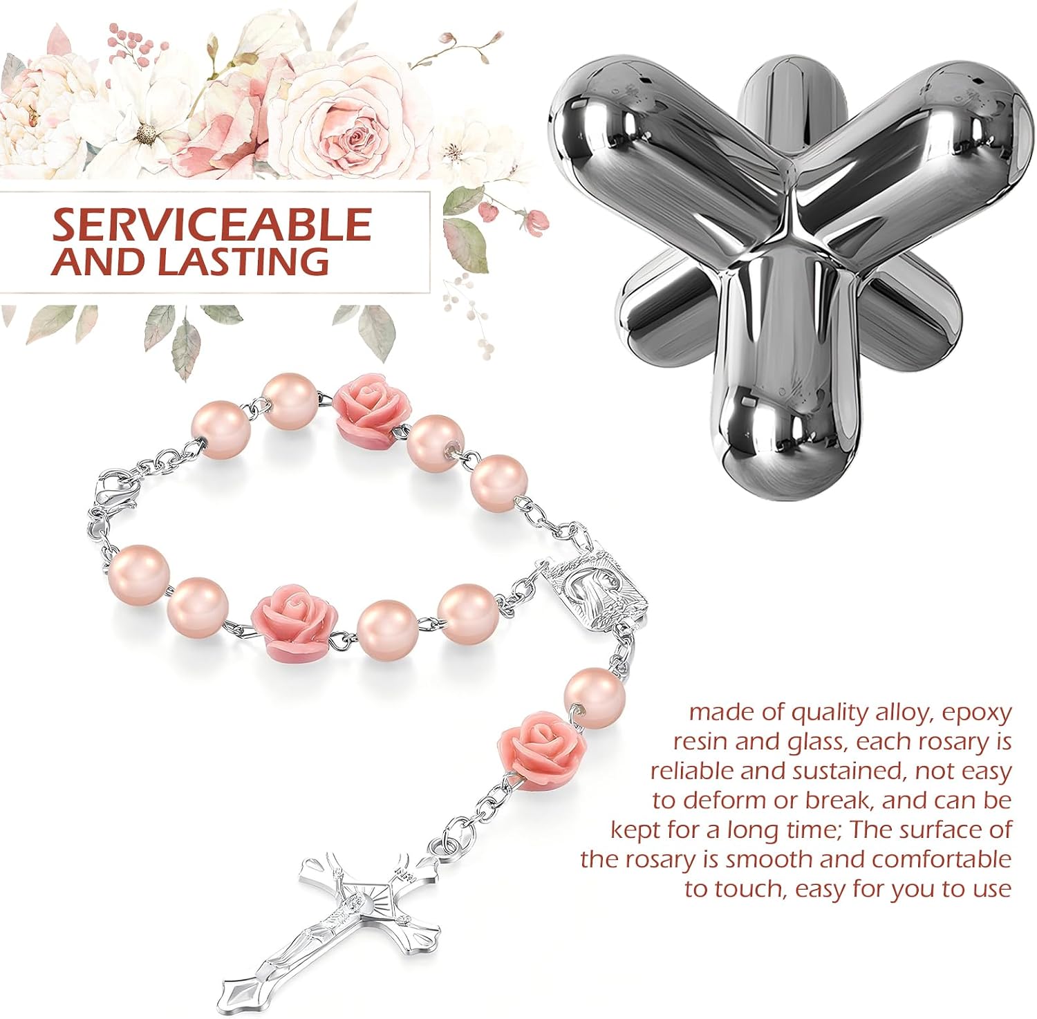 2PCS Car Rose Rosary for Rearview Mirror, Personalized Blessing Rear View Mirror Hanging Decors, Car Rose Cross Pendant, Auto Interior Hanging Accessories (Pink) image 3