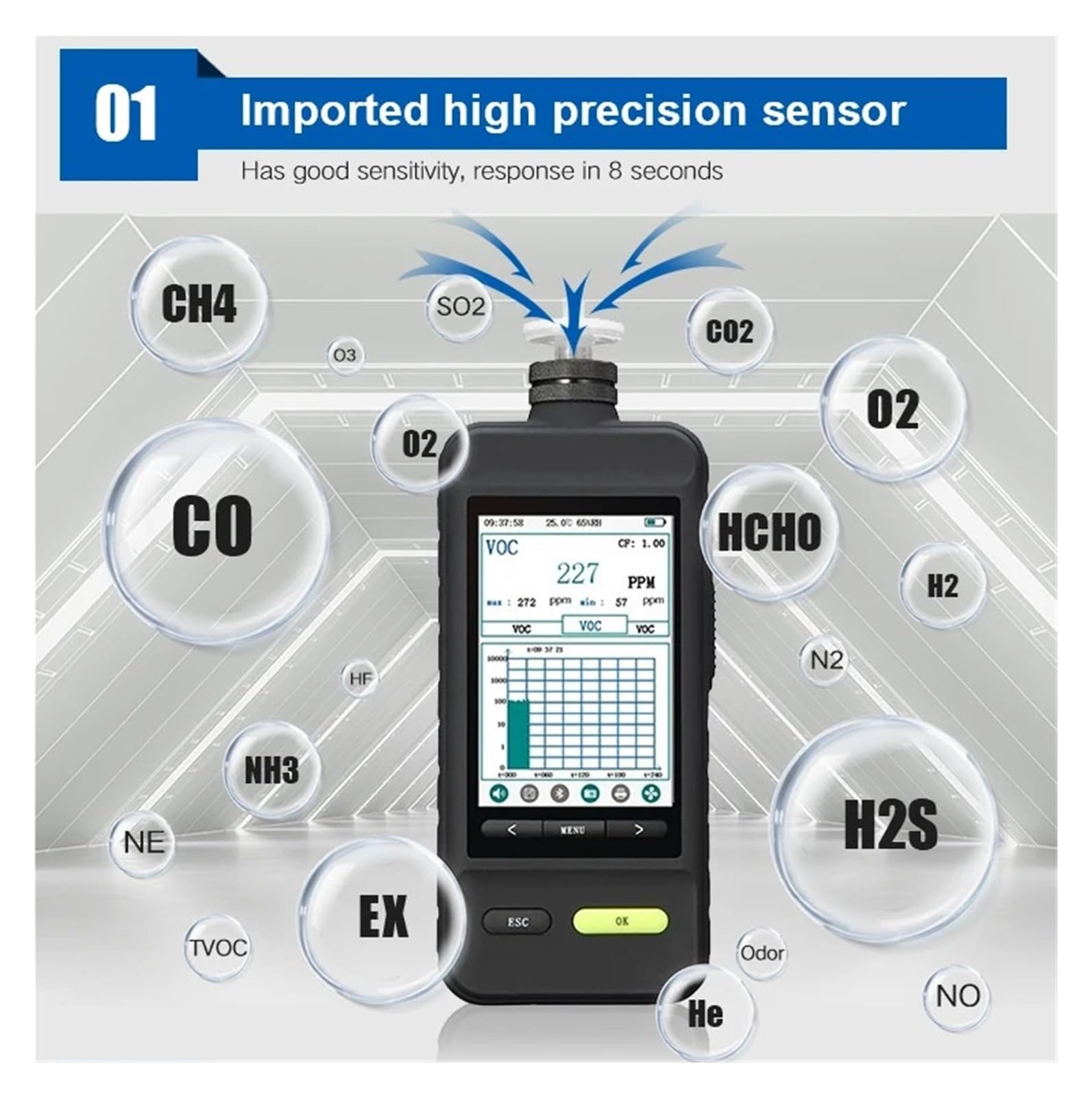 Tragbares CO-Gaswarngerät mit 10-stufiger Pumpe (0–500 ppm, 0–1000 ppm, 0–2000 ppm) Echtzeit-Datumsangaben(0-500ppm)