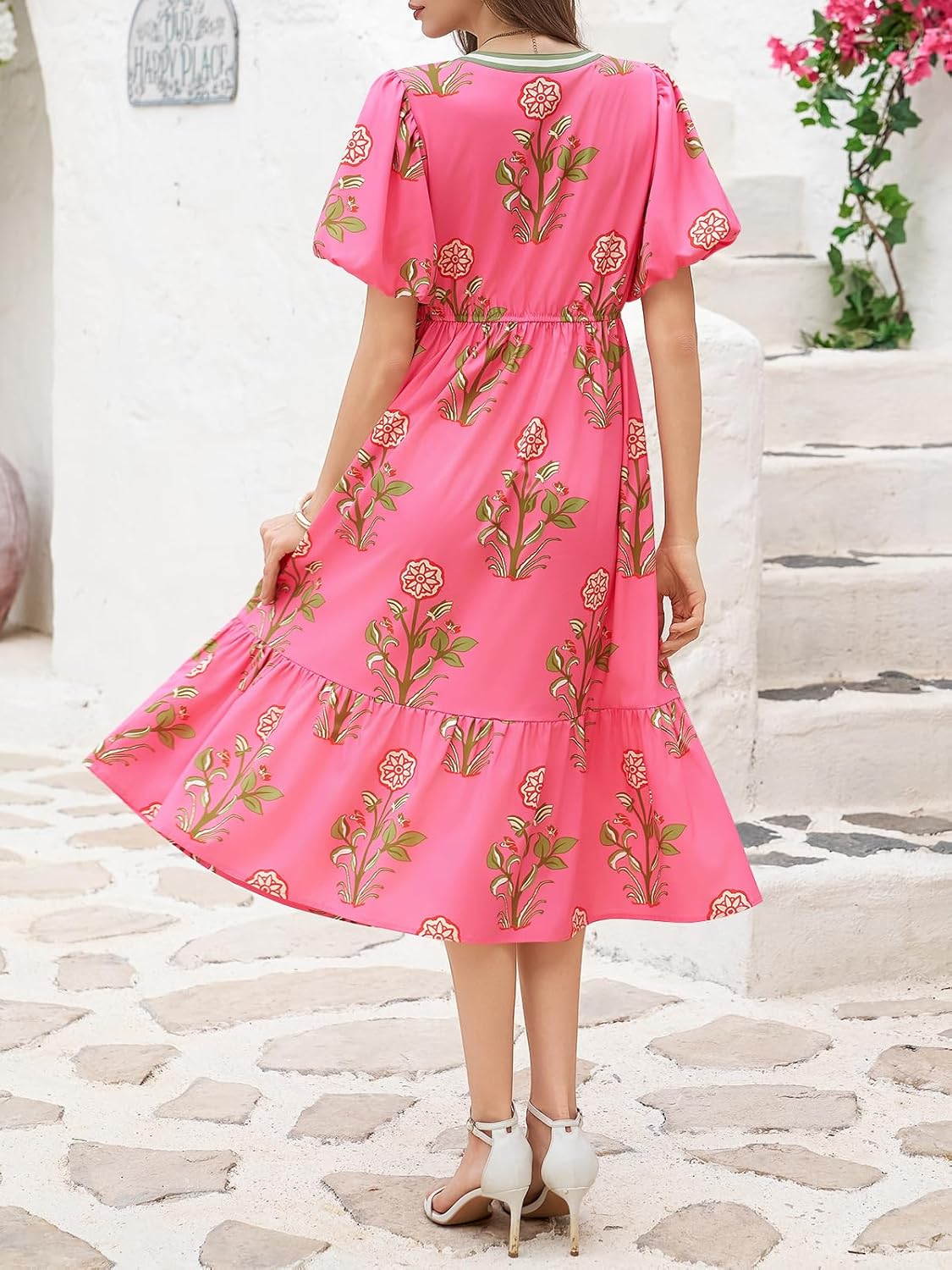 Cicy Bell Womens Summer Floral Print Maxi Dress A Line Puff Short Sleeve V Neck Boho Dresses Flowy Beach Vacation Outfits - Image 2