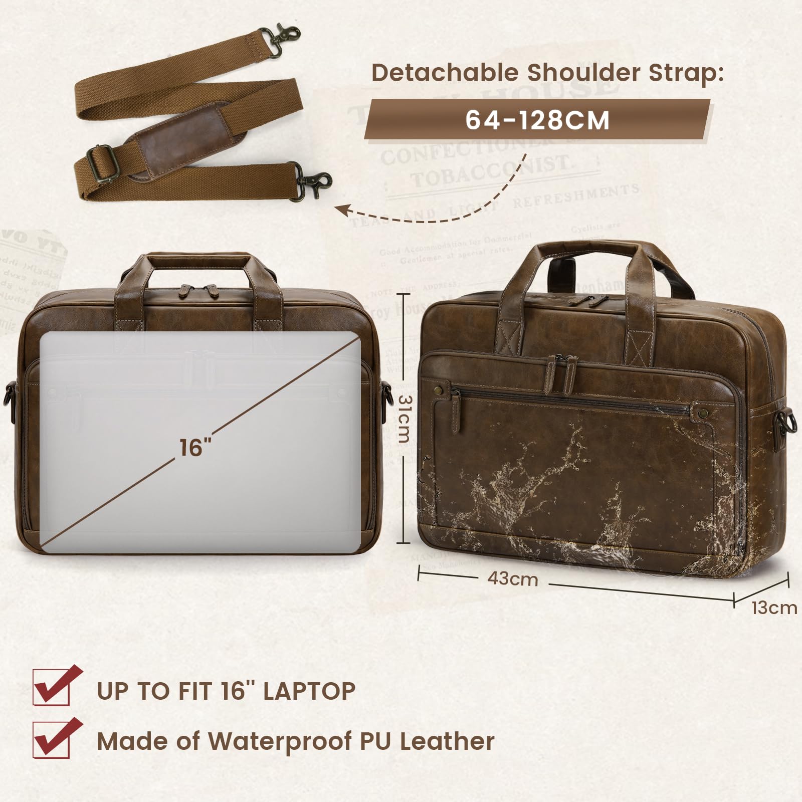 RAINSMORE Bolso Bandolera Hombre Impermeable Cuero Maletin Portatil 16 Pulgadas Vintage