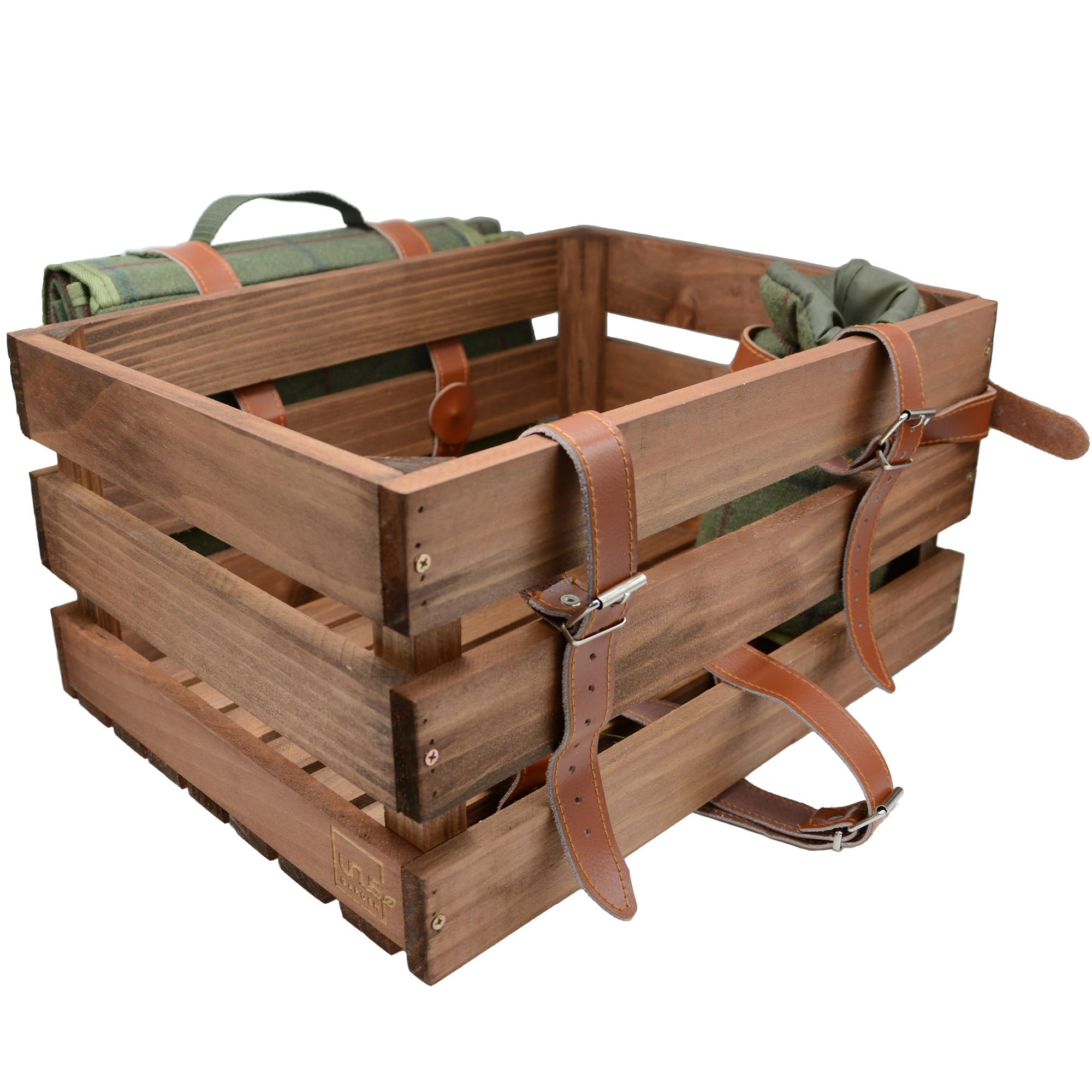 UNUS Fahrradkiste Fahrradkorb Holzkiste für hinten mit Picknickdecke und Flaschenhalter