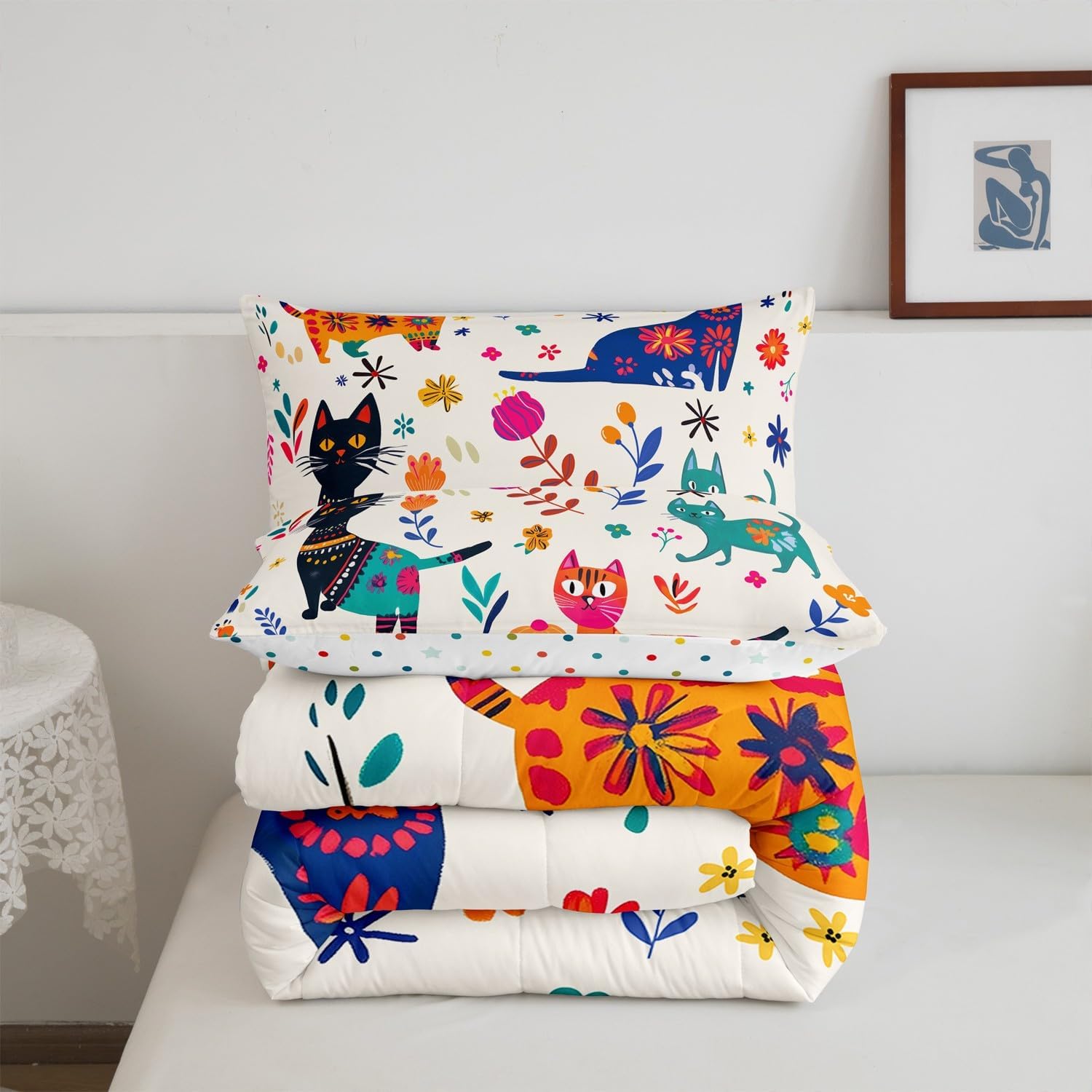 Erosebridal Floral Cat Twin Bedding Sets for Girls,Cartoon Cat Flowers Comforter Set for Kids Teens,Pet Animals Duvet Insert,Kawaii Quilt Set,Hand Drawn Style Down Comforter with 1 Pillow Case
