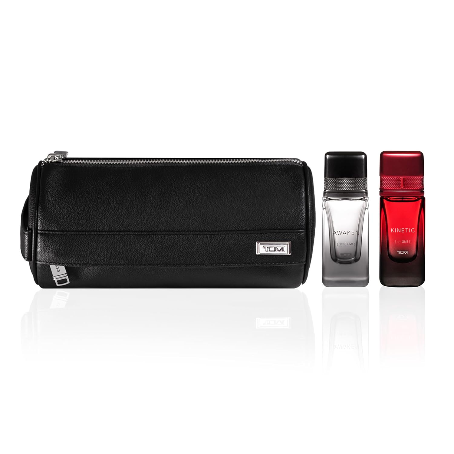 TUMI Dopp Kit Gift Set - Includes AWAKEN [08:00 GMT], KINETIC [-:- GMT] & Travel Toiletry Bag - .5 oz Eau de Parfum (Pack of 2)