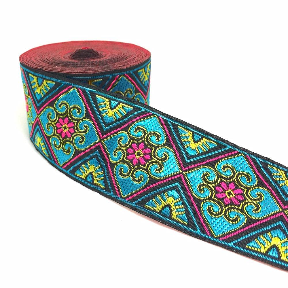 Ribbons For Gift Wrapping Ribbon For Fabric Satin Ribbons Wysokiej Jakości Tkana Wstążka Żakardowa 5 Cm 8 Jardów Na Część Czarnego Tła Niebieski Kwiat Wzór Koronki Webbing I Pas-50Mmx8Yard.