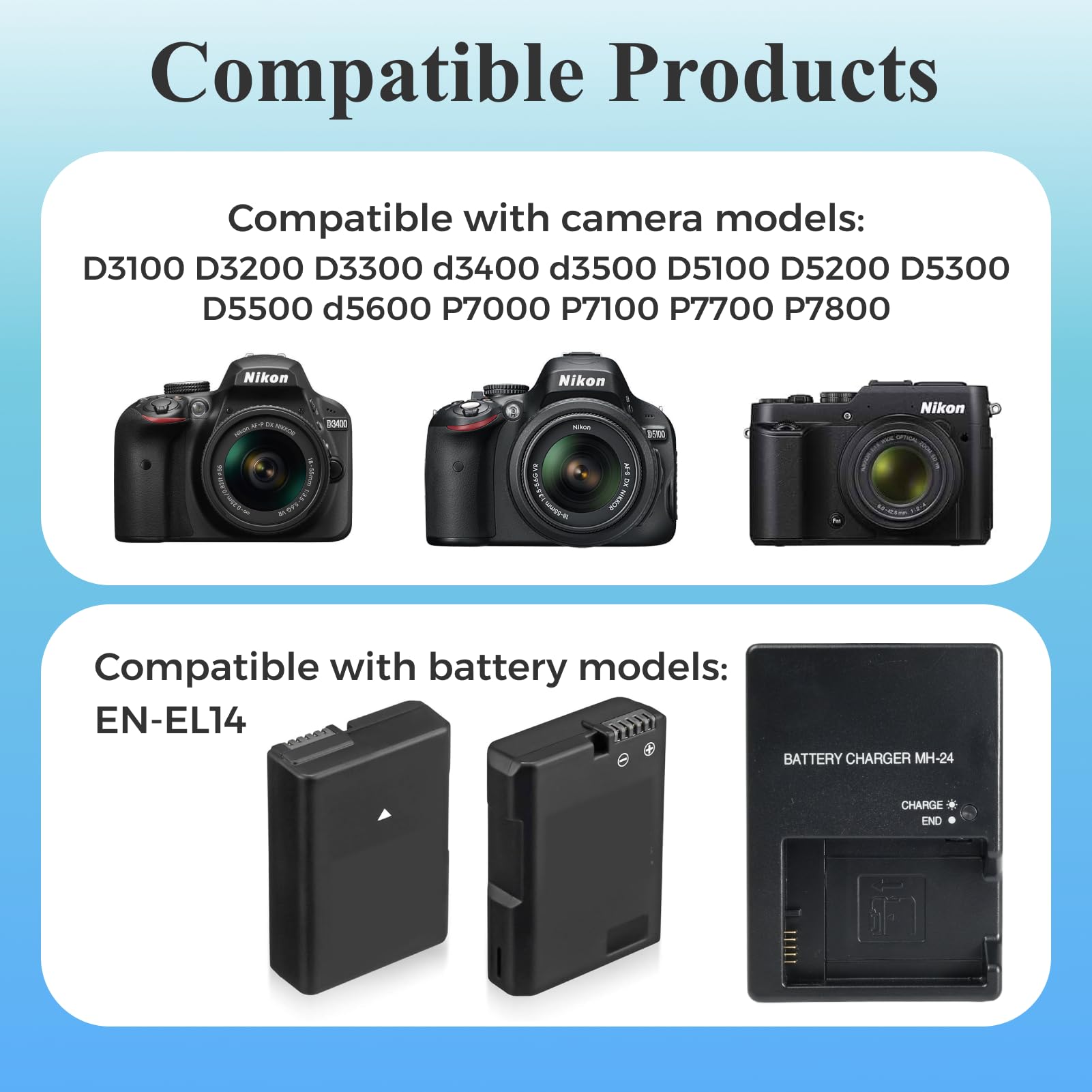 MH-24 caricabatterie rapido per Nikon D3100 D3200 D3300 D3400 D3500 D5100 D5200 D5300 D5500 D5600 P7000 P7100 P7700 P7800 – Fotocamere Alimentazione Compatibile Con EN-EL14 EN-EL14A, nessuna batteria