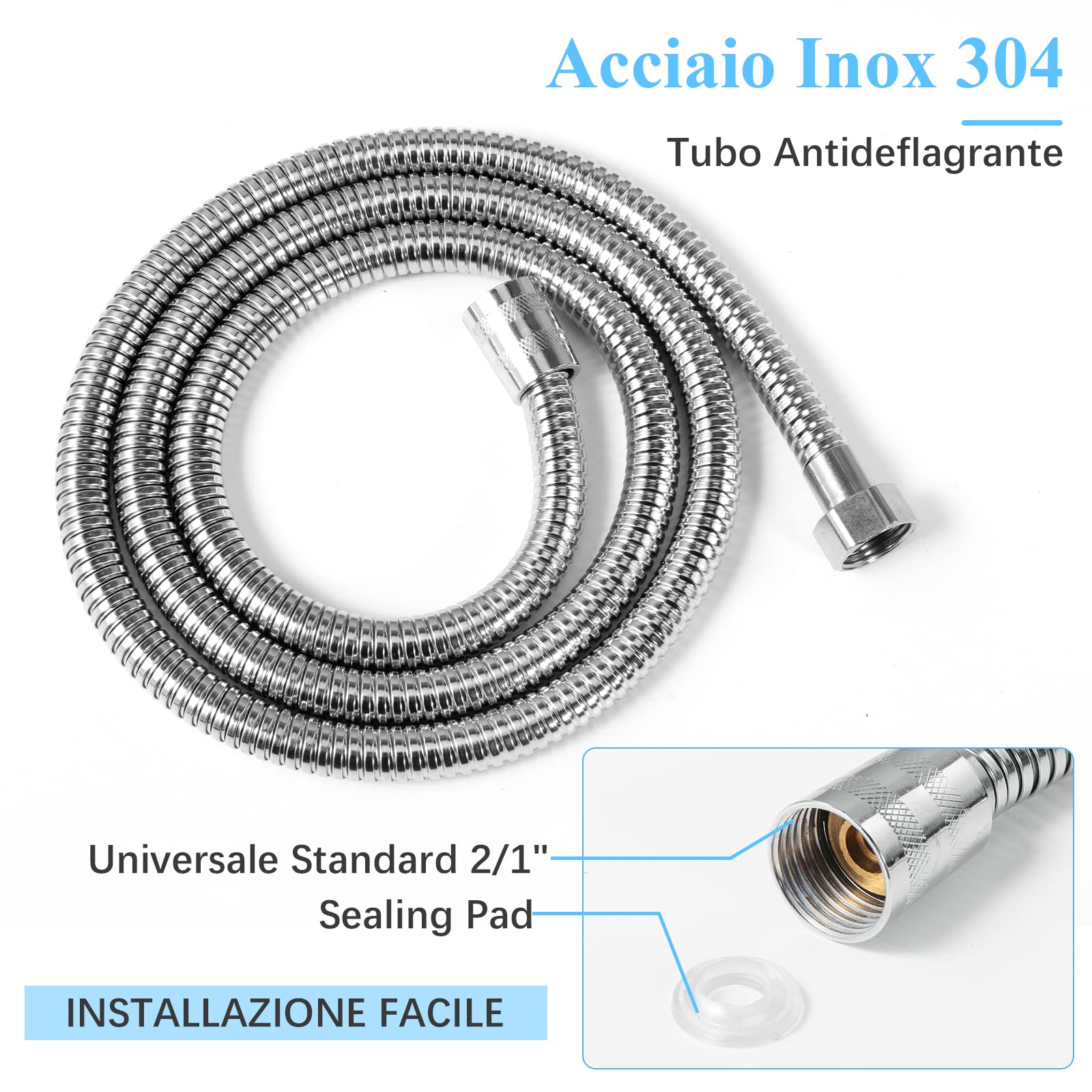 Vinabo Soffione Doccia + 1.5m Tubo Flessibile Acciaio, 5 Funzioni Getti, Multifunzionale ad Alta Pressione, ABS Cromato Spruzzo, Anticalcare, con Ugello