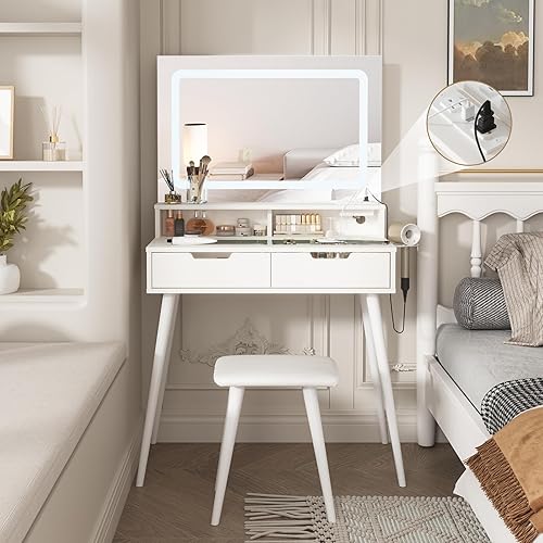 Vabches White Vanity Desk with Led Mirror&Charging Station,Glass Tabletop Vanity Table Set with Stool,Small Makeup Vanity with Drawers for Bedroom