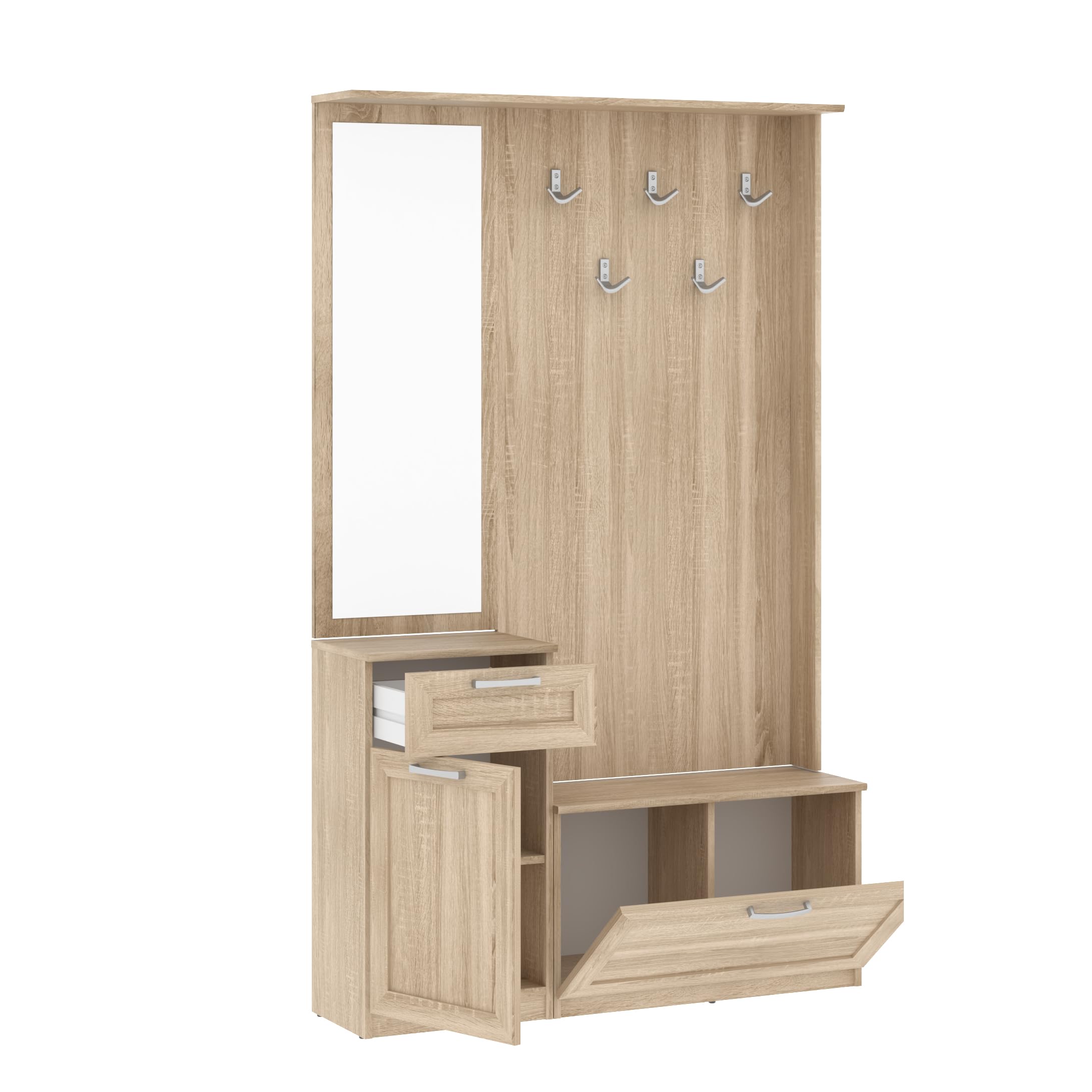 Forte NIKO Garderobe 110, Skandi-Garderobenpaneel, 1-türig, 2 Schubladen, Spiegel, Haken, Flur, Sonoma Eiche Holzdekor, 110,9 cm breit x 181,5 cm hoch x 29,6 cm tief