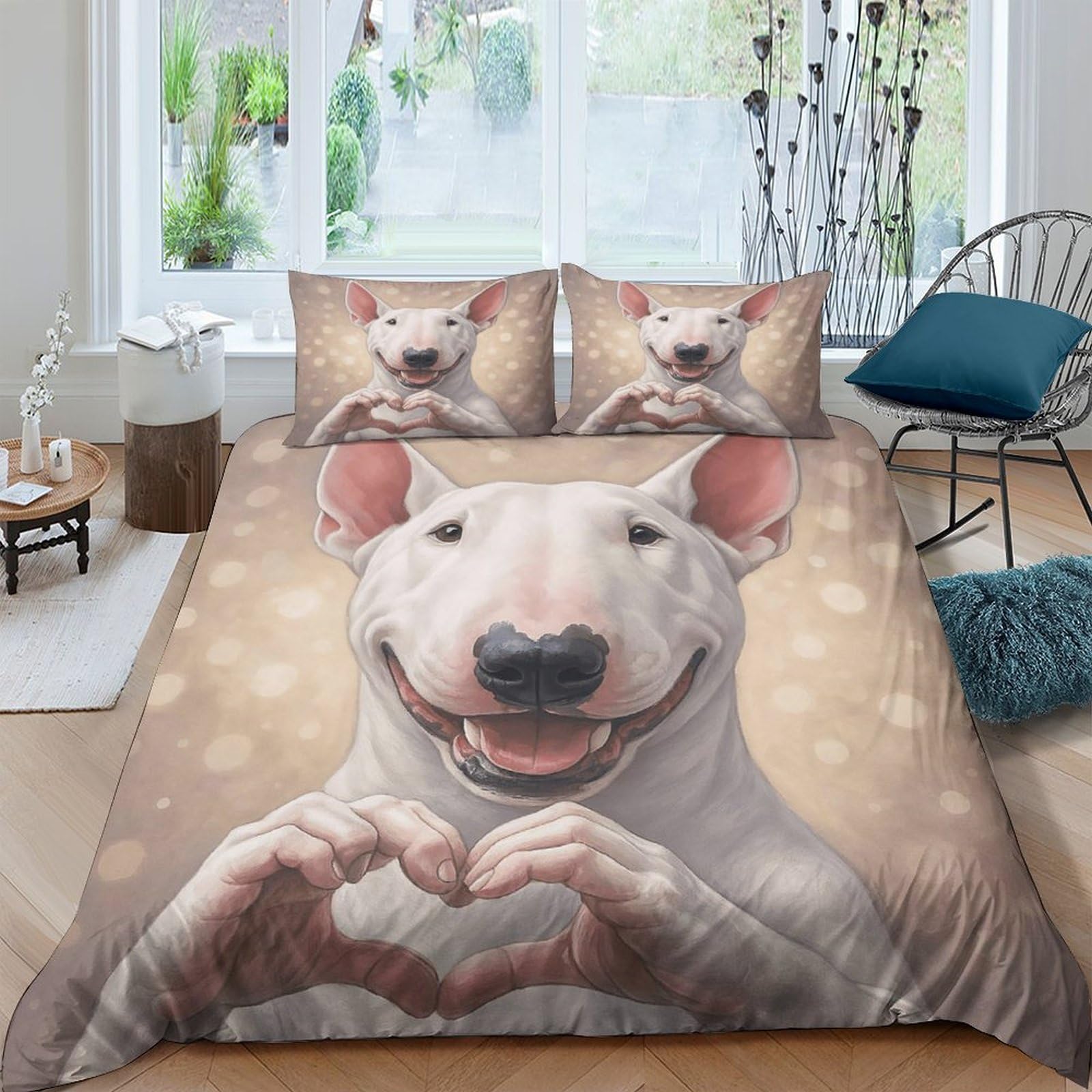 Ctjqhvkz Style-3 3D Printed Bull Terrier Dog Fitted Sheet Microfiber Soft Cartoon Heart Bed Cover For Bedroom Guest Room Dorm Mattress Decor Single（135X200cm）