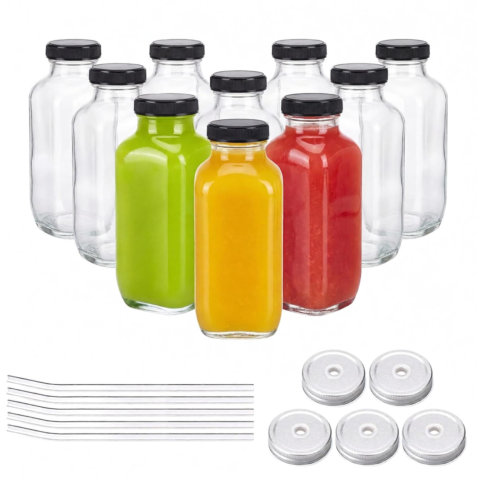Tomnk 10pcs 16oz Glass Juice Bottles with Lids, Reusable Juice Containers Drinking Jars Water Cups with Brush, Glass Straws, Lids with Hole