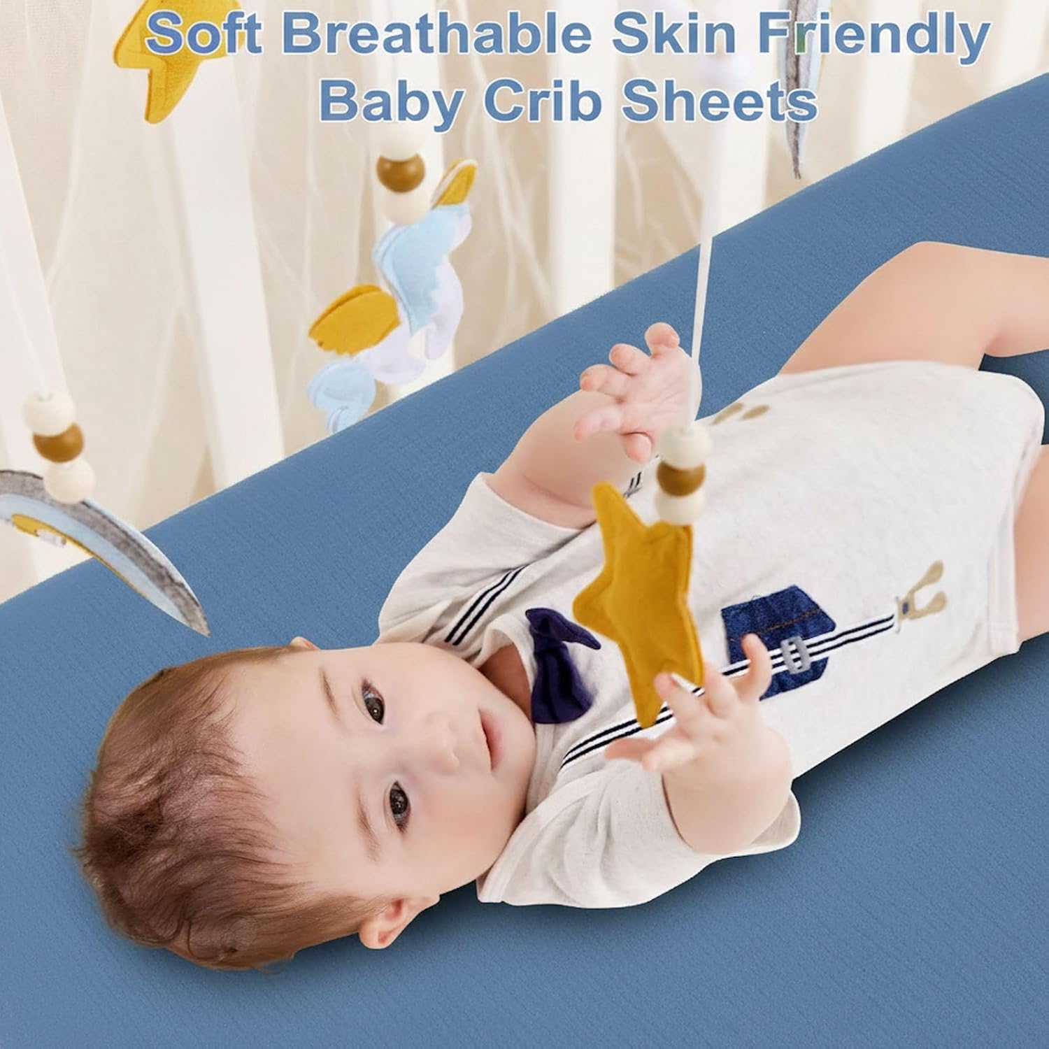 2 Pack Muslin Crib Sheets for Boys & Girl- Neutral Breathable Cotton Crib Mattress Sheets Fitted for Standard 28"x 52"- Nursery Décor No Slip Bed Sheets- Dustyblue & Blue