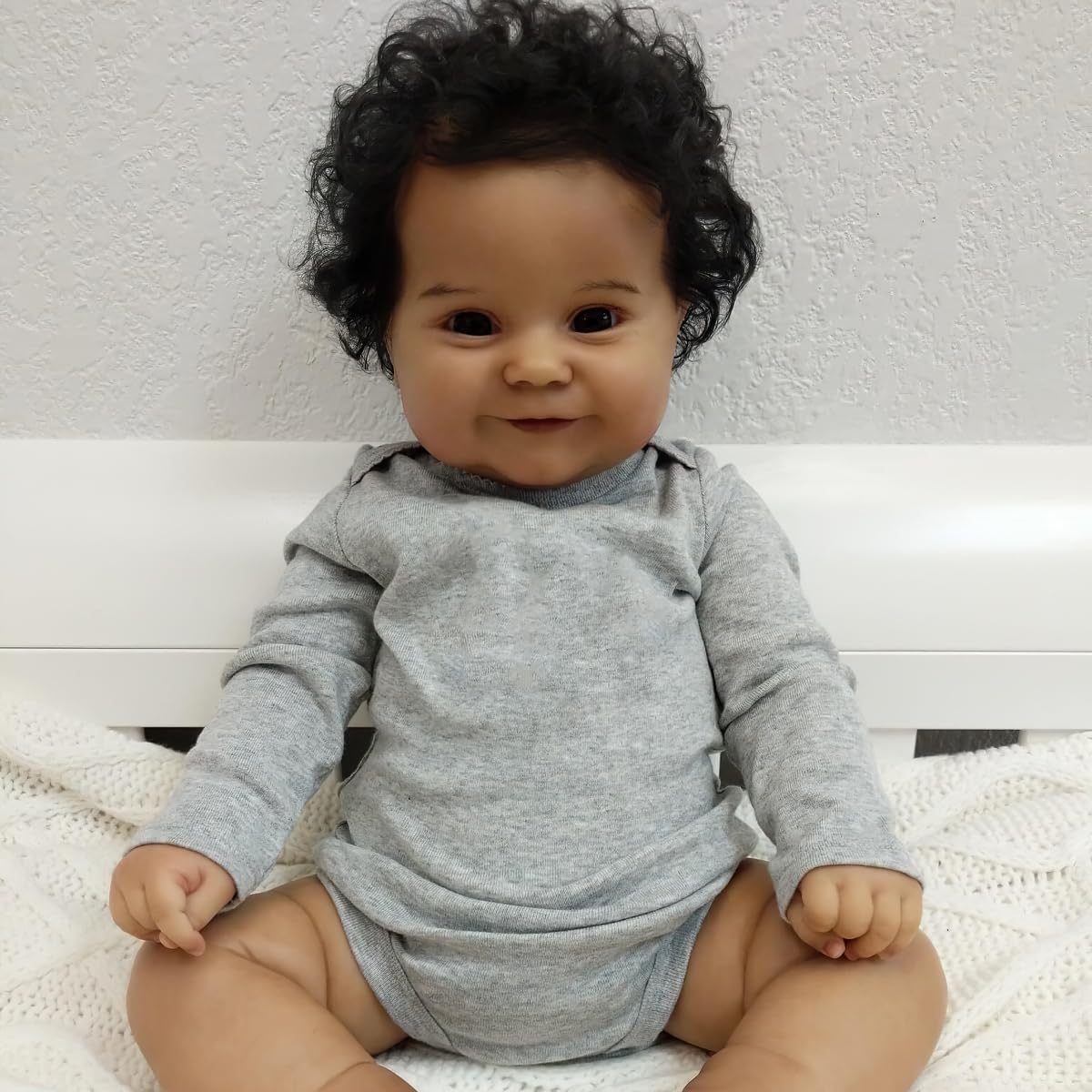 20 Inches Real Baby Size Sweet Smiling Rooted Curly Hair Lifelike African American Reborn Baby Doll Realistic Newborn Soft Cloth Body Dolls in Dark Brown Skin - Image 6