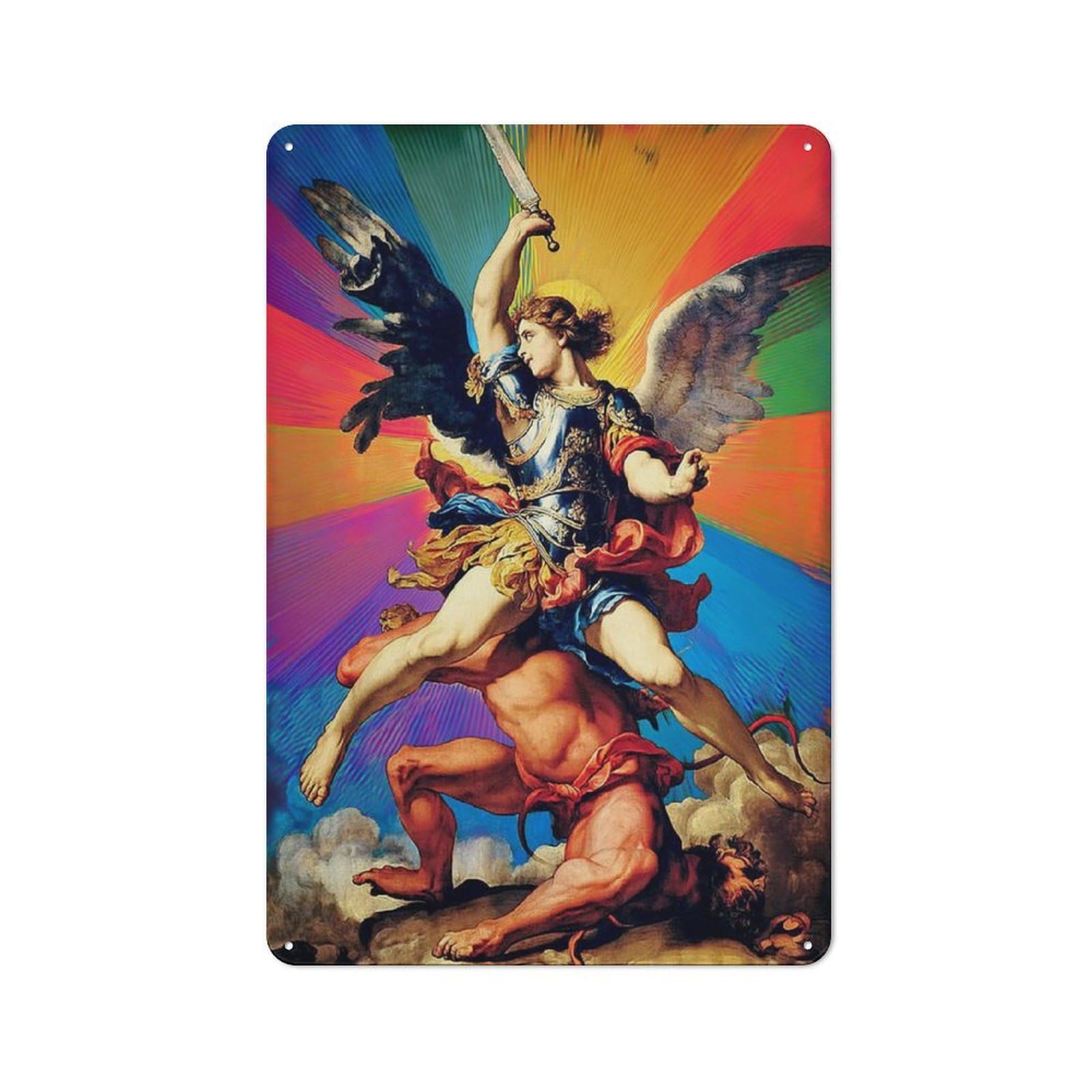 Junmoney Archangel Michael Defeating Satan Rustic Metal Plaque 30X20cm For Hobby Room Or Studio, For Creative Interior Collectors
