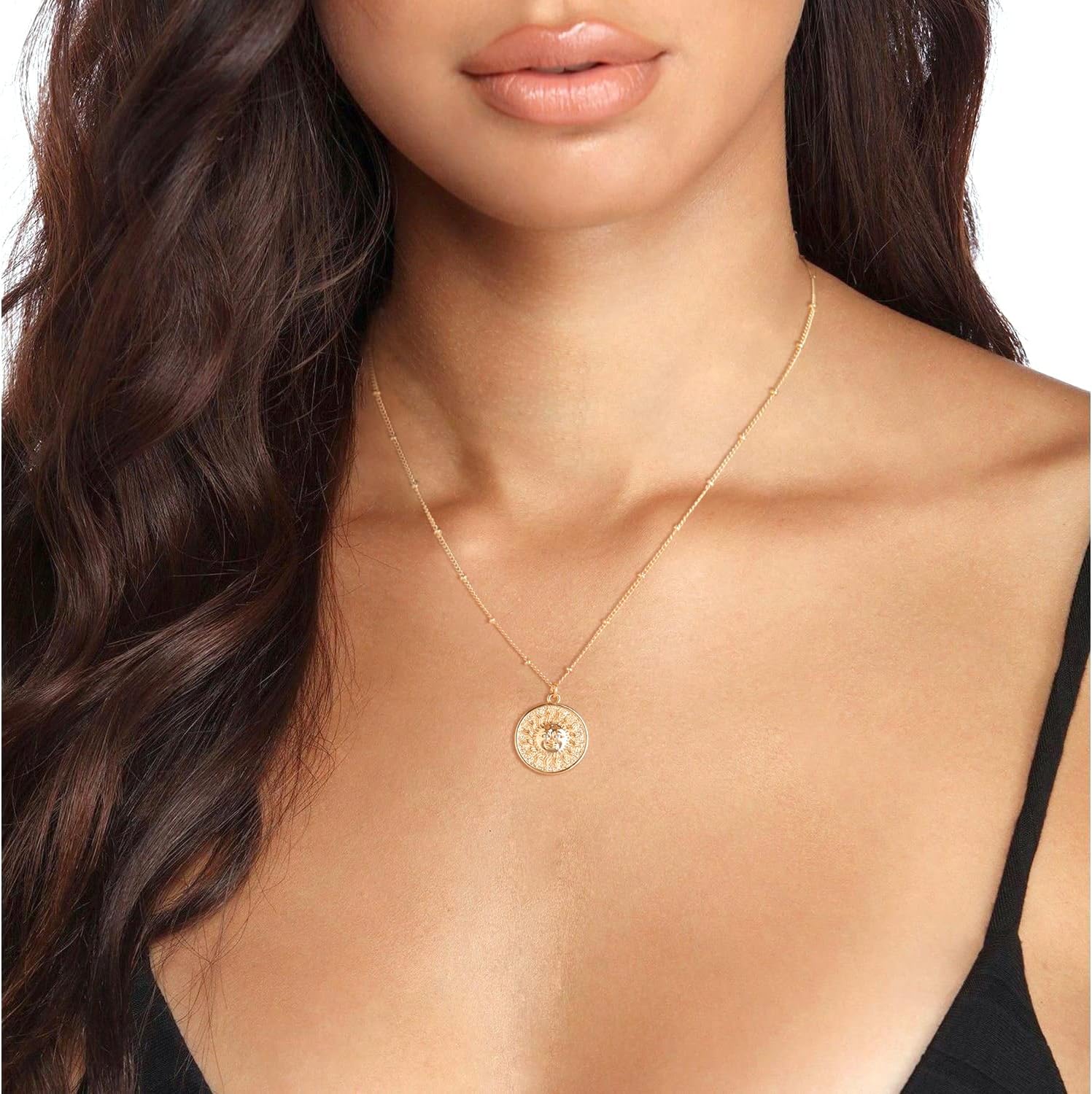 VACRONA Coin Necklace 18k Gold Plated Vintage Textured Medallion Coin Pendant Round Circle Disk Dainty Necklace for Women - Image 3