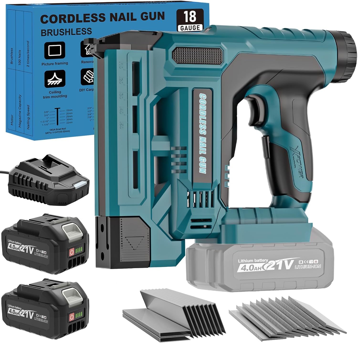 Nail Gun Cordless with 2Pcs 4.0Ah Battery, 18 Gauge 2 In 1 Brad Nailer & Staple Gun, Electric Nail Gun with 1000pcs Nails & 1000pcs Staples for Wood, Upholstery & DIY Projects, Depth Adjust