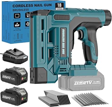Nail Gun Cordless with 2Pcs 4.0Ah Battery, 18 Gauge 2 in 1 Brad Nailer & Staple Gun, Electric Nail Gun with 1000pcs Nails & 1000pcs Staples for Wood, Upholstery & DIY Projects, Depth Adjust