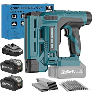Nail Gun Cordless Battery Powered, 18 Gauge 2 in 1 Brad Nailer & Staple Gun, Electric Nail Gun with 1000pcs Nails & 1000pcs Staples for Wood, Upholstery & DIY Projects, Depth Adjust - Amazon product rated Grade A