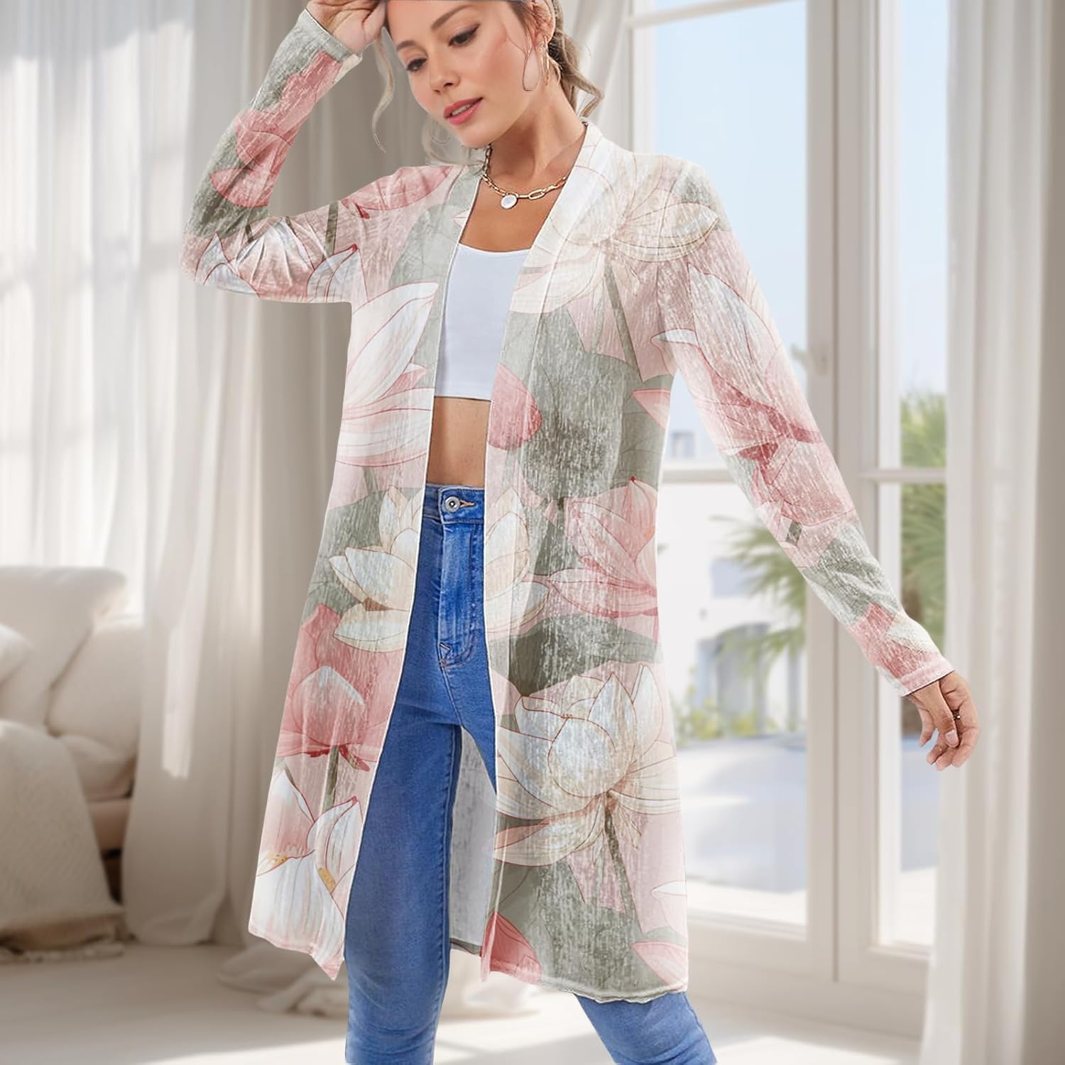 Womens Cardigan Outfits Trendy Casual Long Sleeve Open Front Mid Length Graphic Loose Beach Summer Shirts - Image 2