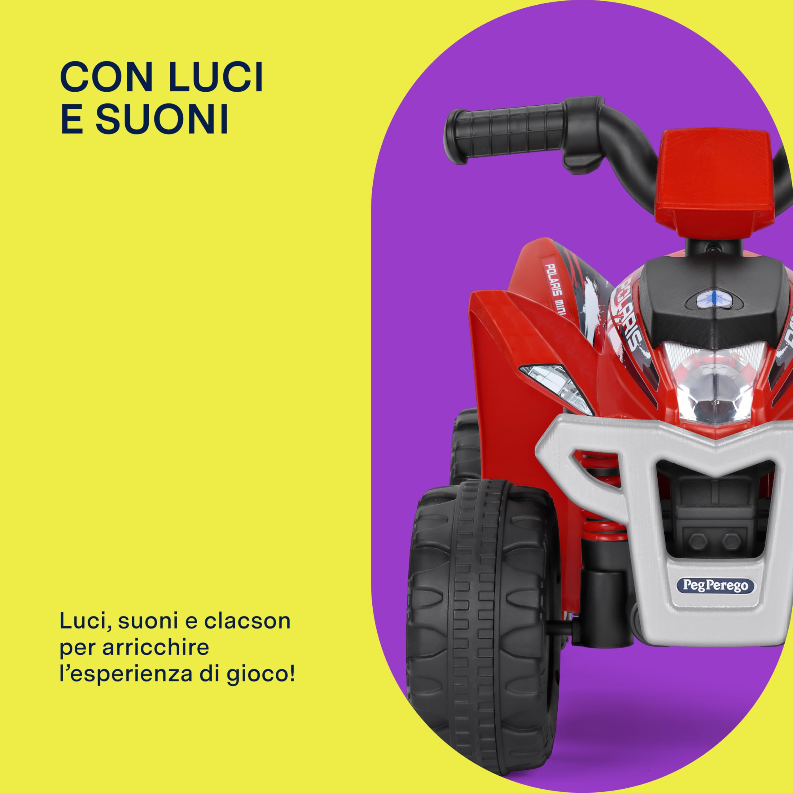 PEG Polaris Mini Quad, Giocattolo Elettrico Cavalcabile per Bambini da 1 Anno fino a 15 kg, Batteria 6 V, Autonomia 90 min, Velocità 2,7 km/h, Pedale Acceleratore, Luci e Suoni