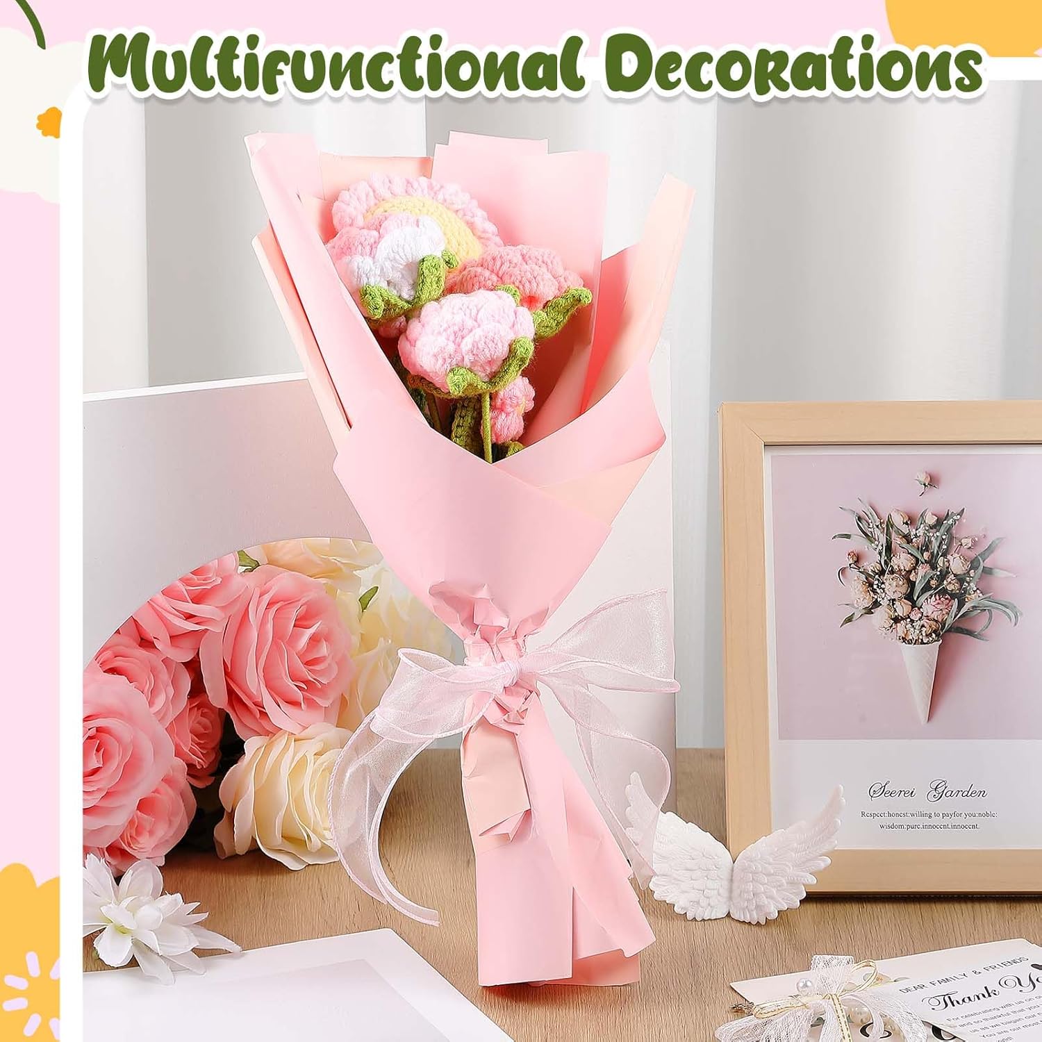 27 Pcs Crochet Flower Bouquet Gifts for Mother's Day, Handmade Knitted Crochet Flower Bouquet with Roses Sunflowers Daisies for Mom Mother(Gorgeous,Pink Series)