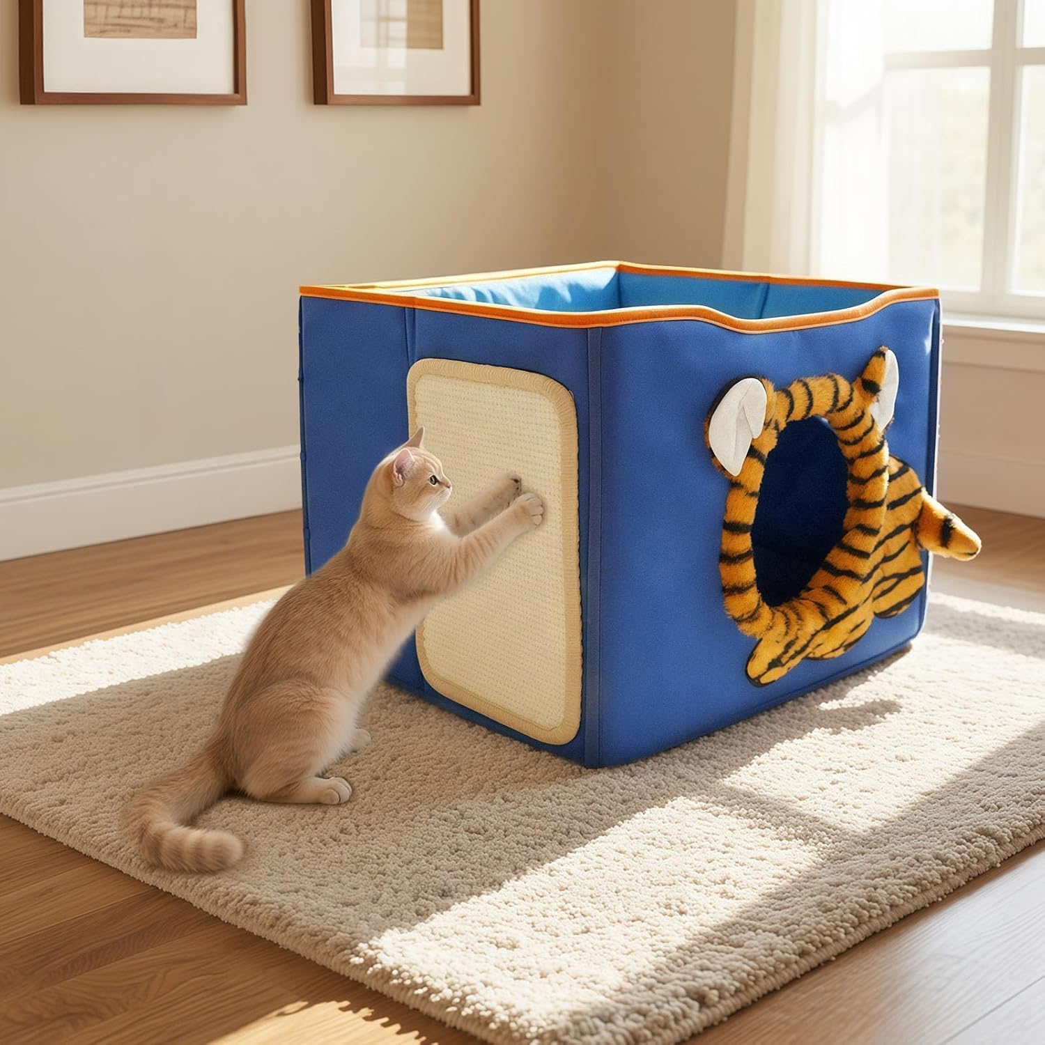 CWV Interactive Cat Toys for Indoor Cats, Kitten Toys with Scratch Pad， Cat Hideaway with Peekaboo Holes, Tiger Cat House Cave with Soft Pillow