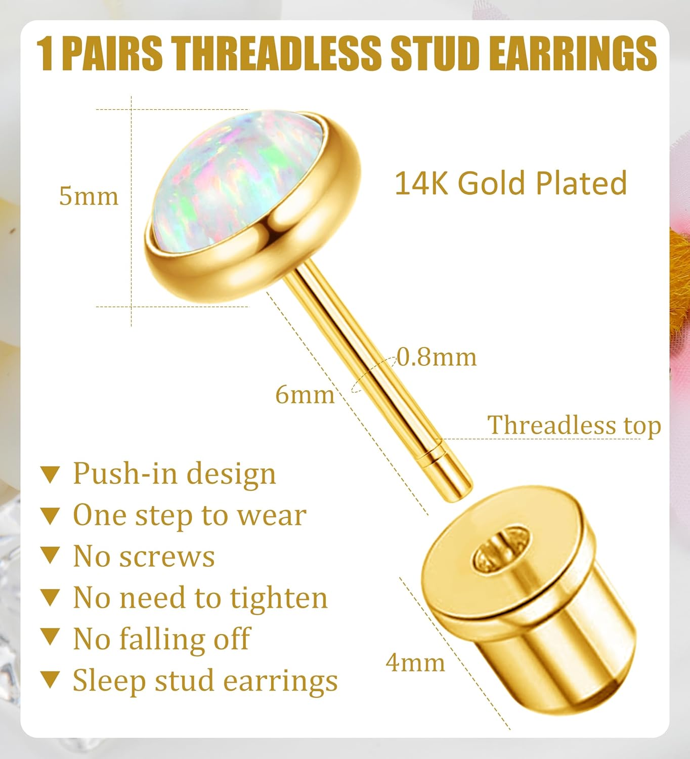 14K Gold Plated Threadless Flat Back Opal Stud Earrings Hypoallergenic Surgical Stainless Steel Earrings Studs for Women Girls 5mm Handmade Cartilage Helix Conch Multiple Piercing - Image 2